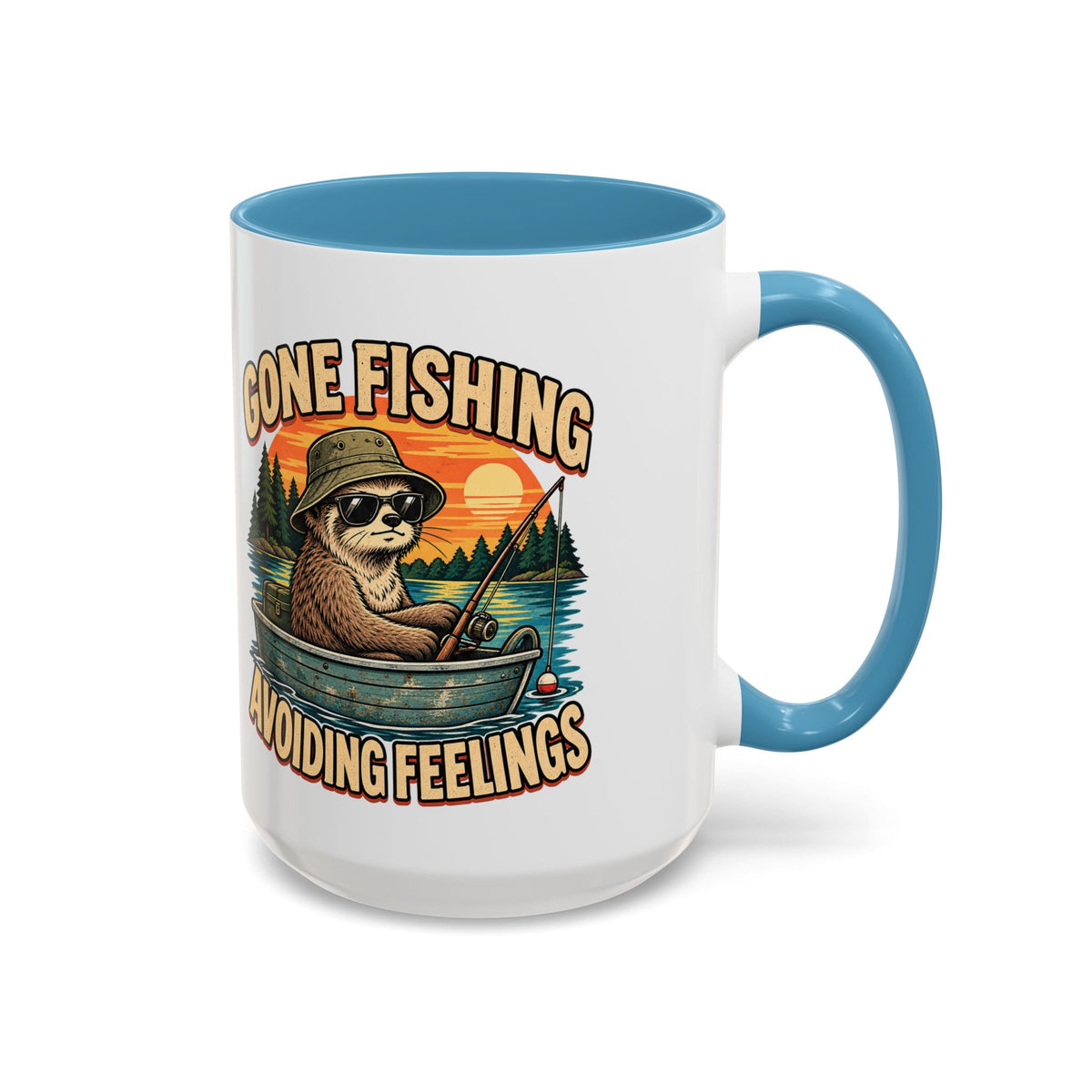 Funny And Witty "Gone Fishing Avoiding Feelings" Accent Coffee Mug (11, 15oz)