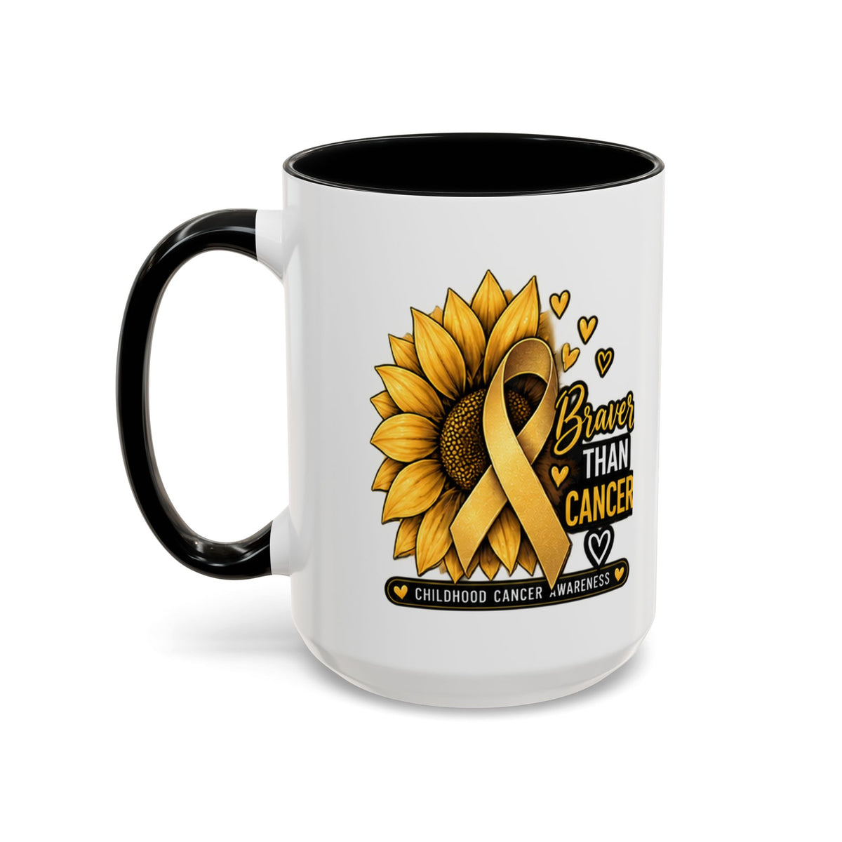 Childhood Cancer Awareness Mug — "Braver Than Cancer" Sunflower & Gold Ribbon