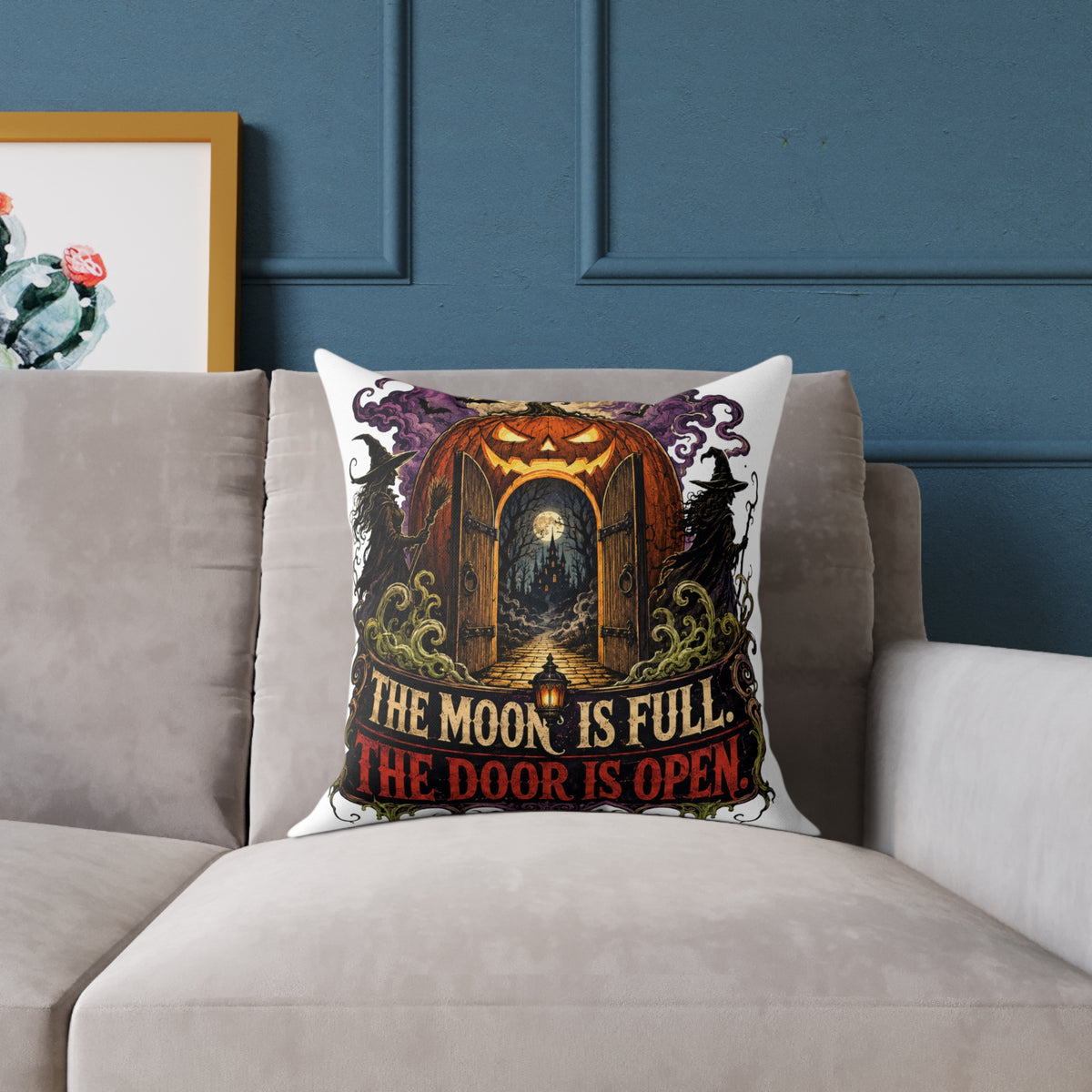 Halloween Pumpkin Door Pillow — "The Moon Is Full, The Door Is Open" Decorative Throw Pillow