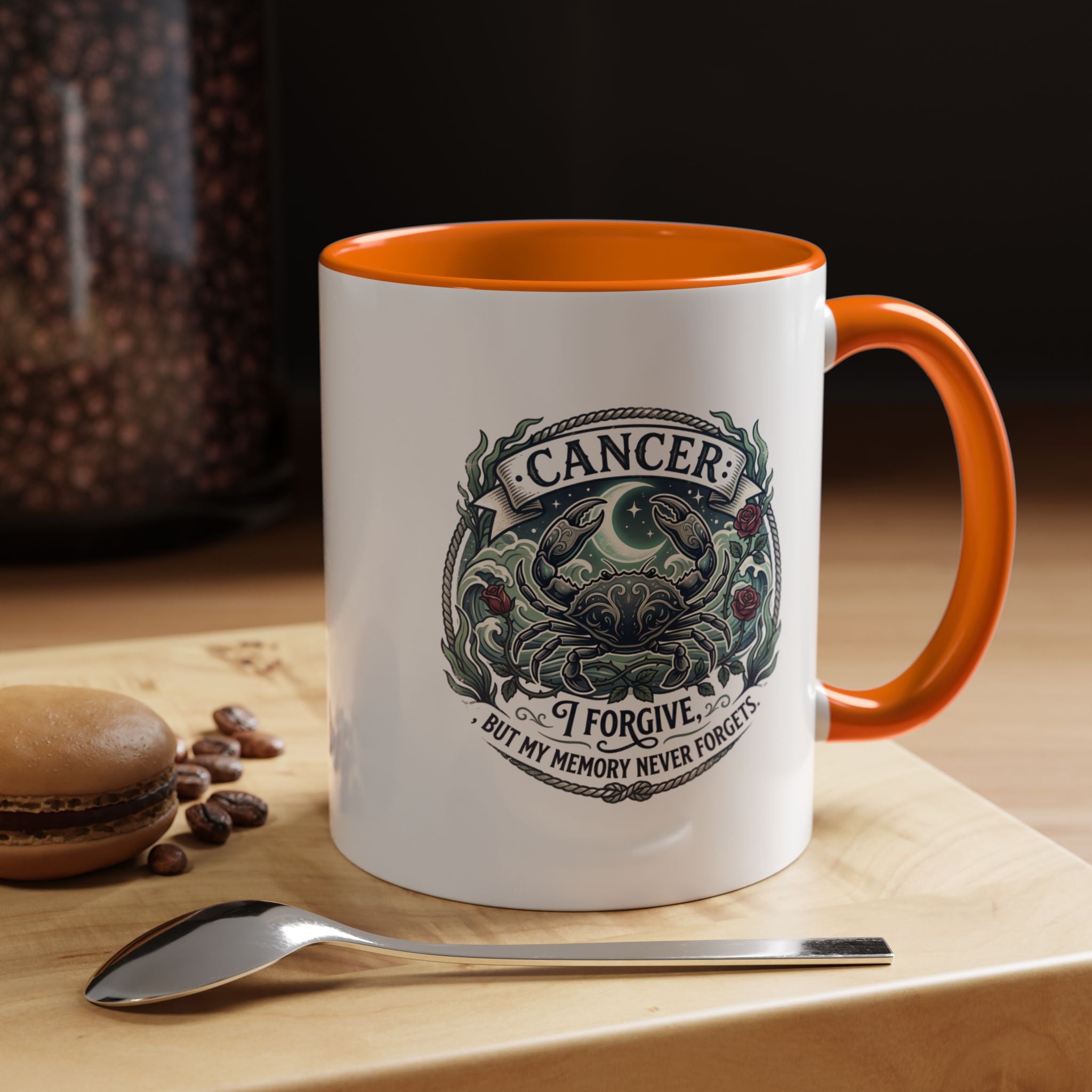 Cancer Zodiac Accent Coffee Mug — 'I Forgive But My Memory Never Forgets' Horoscope Gift