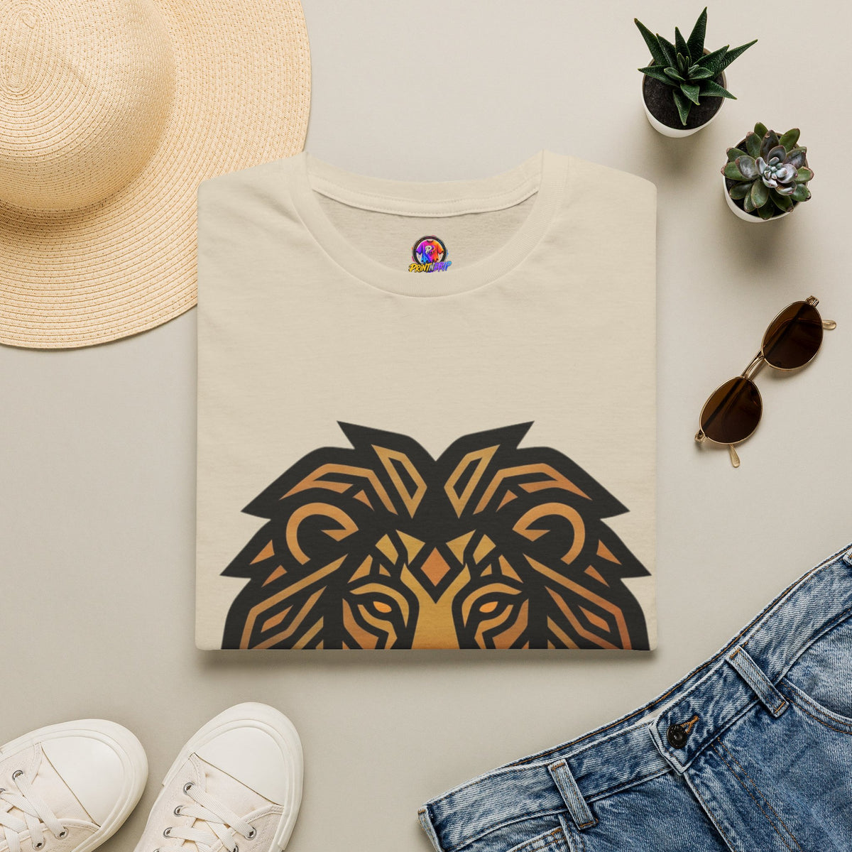 Leo Zodiac Lion Head T-Shirt — Geometric Tribal Lion Graphic Tee