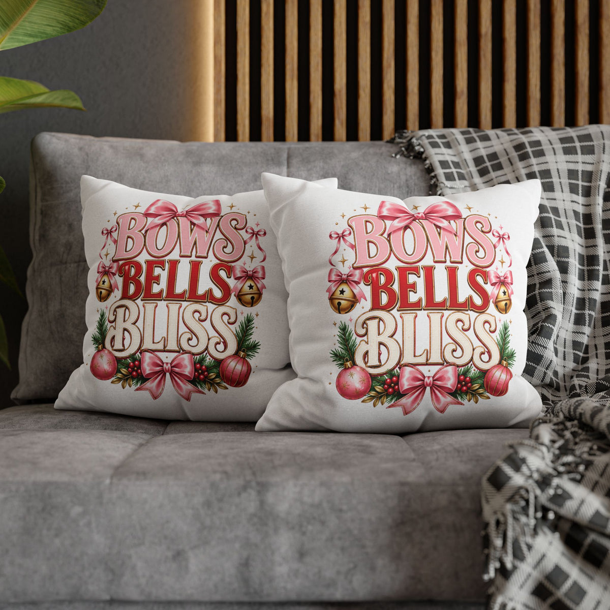 Christmas Bows Bells Bliss Decorative Pillowcase — Pink Christmas Holiday Throw Pillow Cover