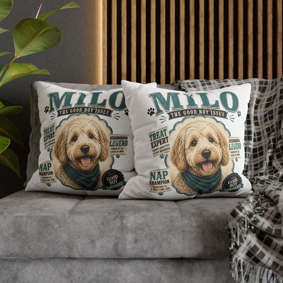 Milo 'The Good Boy Issue' Decorative Dog Pillowcase — Personalized Pet Name Cushion Cover Milo Bailey Dog Dad Mom