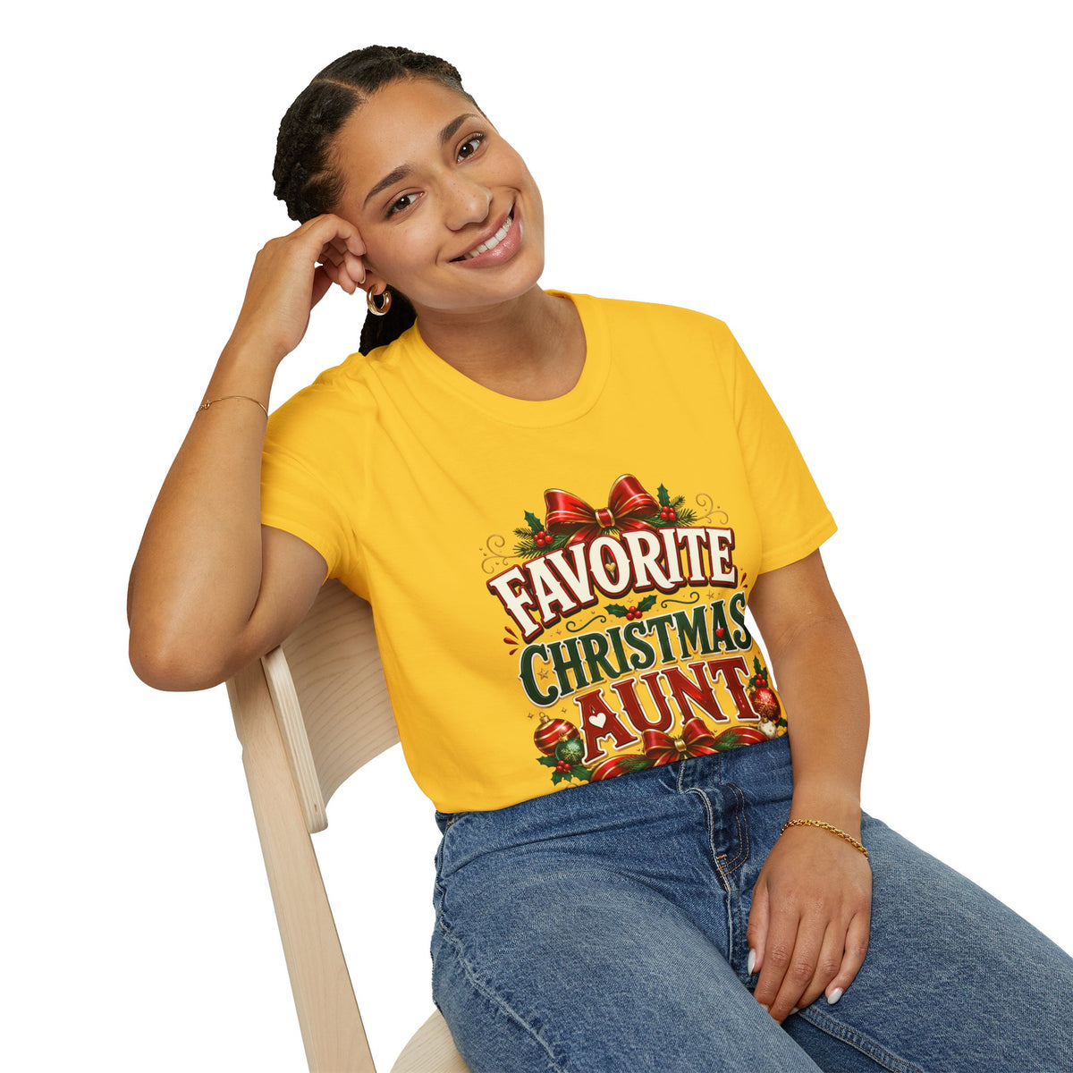 Favorite Christmas Aunt T-Shirt — Festive Holiday Auntie Tee with Bow & Holly