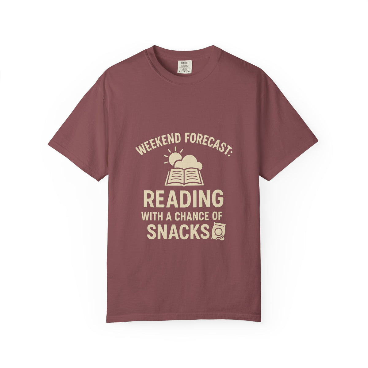 Reading & Snacks T-Shirt — "Weekend Forecast: Reading with a Chance of Snacks" - Trending Now - October 2026