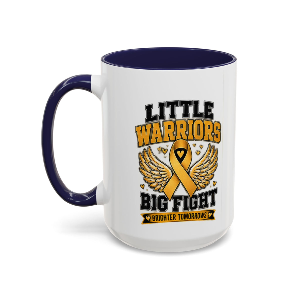Little Warriors Big Fight Childhood Cancer Awareness Coffee Mug — Gold Ribbon Support Accent Mug