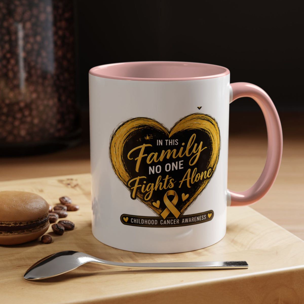 Childhood Cancer Awareness Accent Coffee Mug — "In This Family No One Fights Alone"