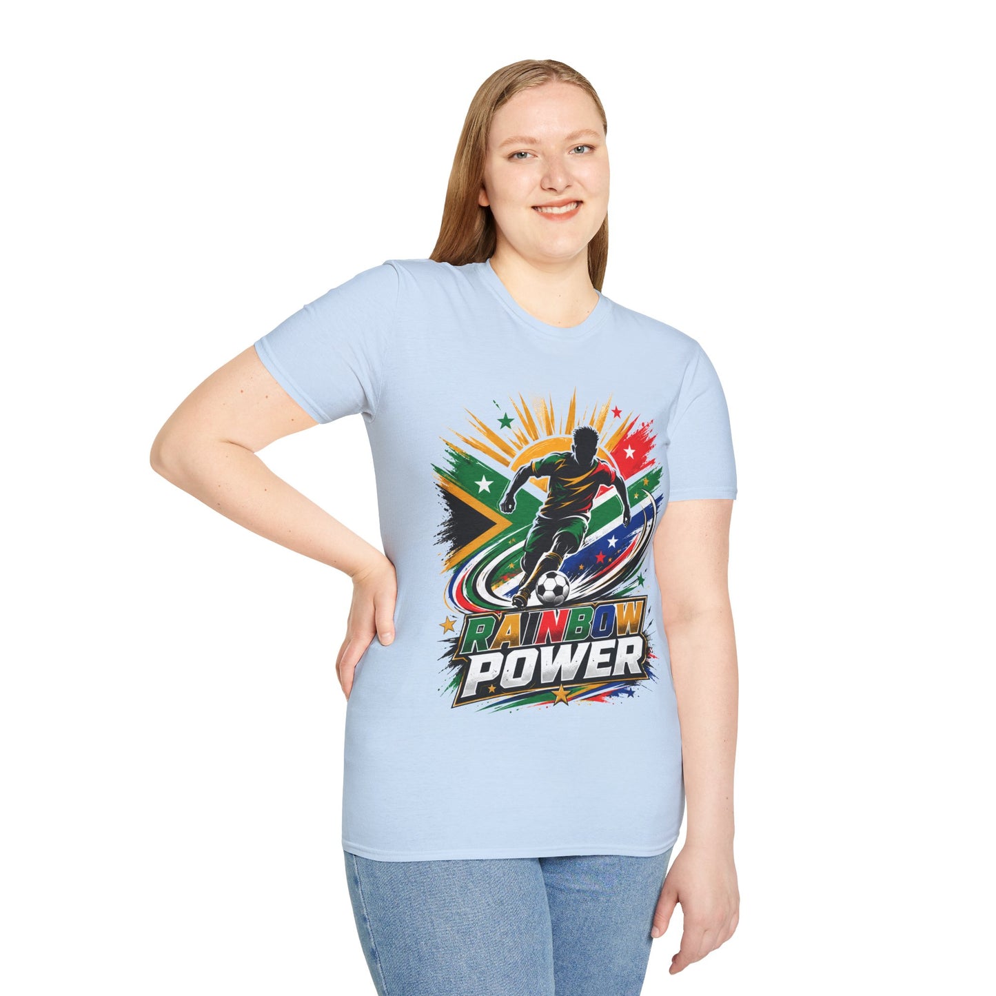South Africa Soccer Rainbow Power T-Shirt — Colorful Football Player Graphic Tee