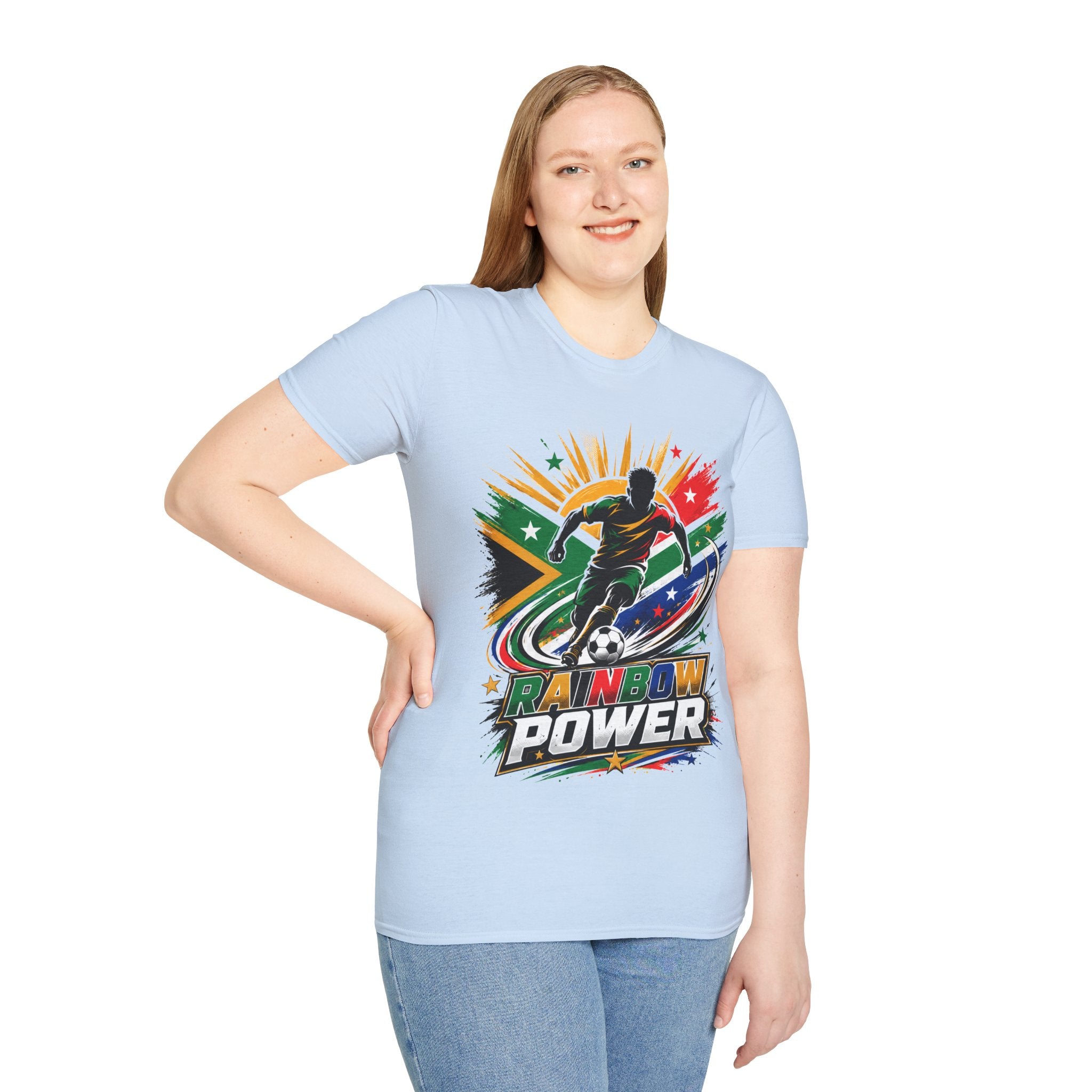South Africa Soccer Rainbow Power T-Shirt — Colorful Football Player Graphic Tee