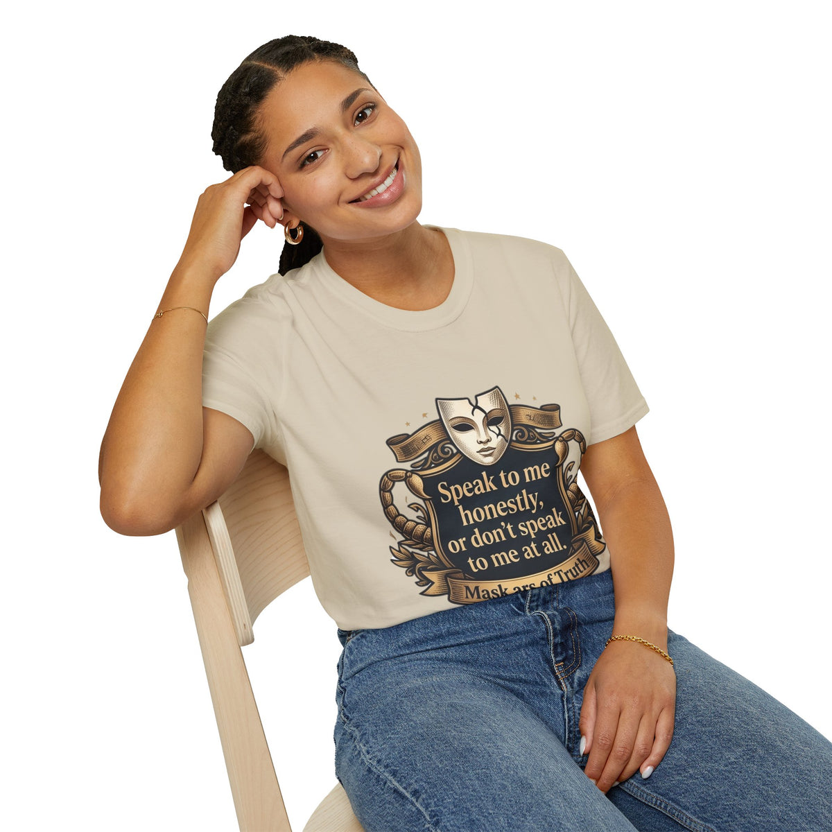 Speak to Me Mask T‑Shirt — 'Speak to me honestly...' Zodiac Scorpio Graphic Tee