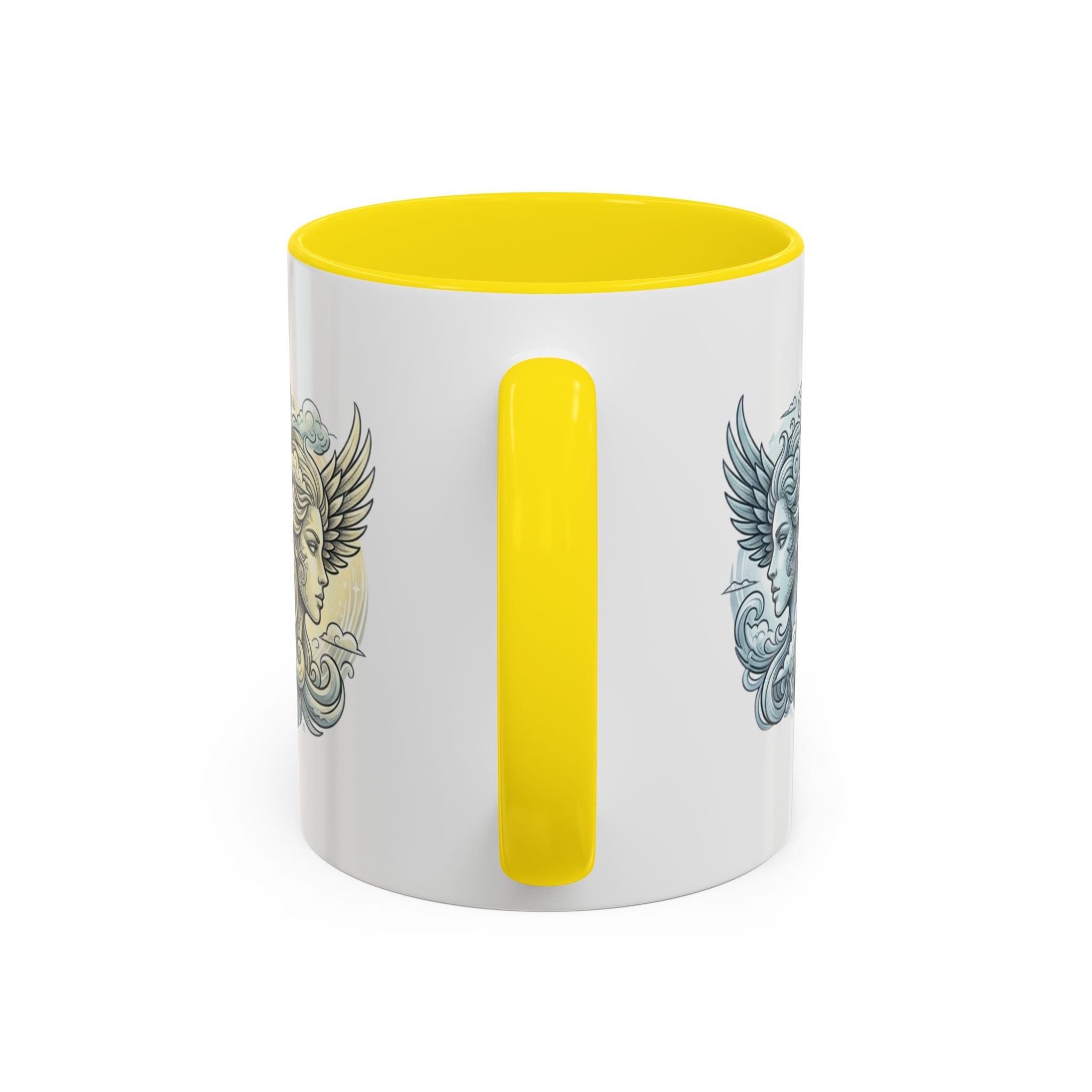 Gemini Twins Accent Coffee Mug — Sun & Moon Winged Faces Illustration