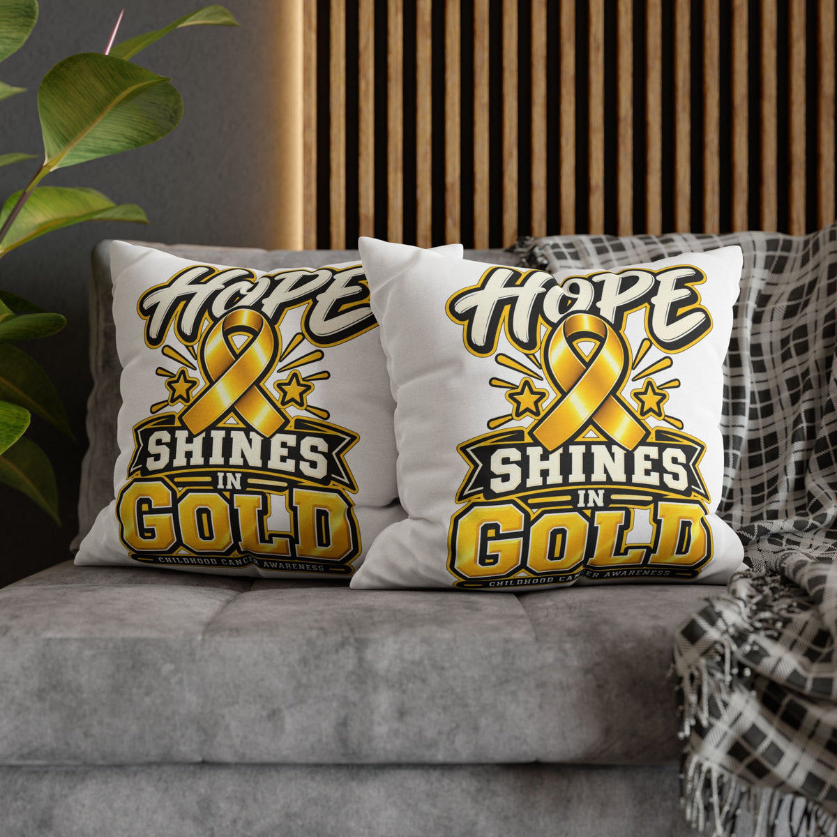Hope Shines in Gold Pillowcase — Childhood Cancer Awareness Ribbon Decorative Pillow