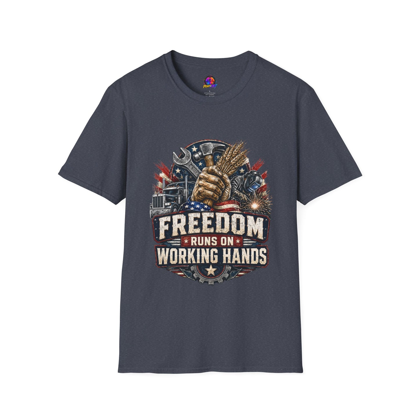 Freedom Runs on Working Hands T-Shirt — Patriotic Mechanic Tool & Wheat Design