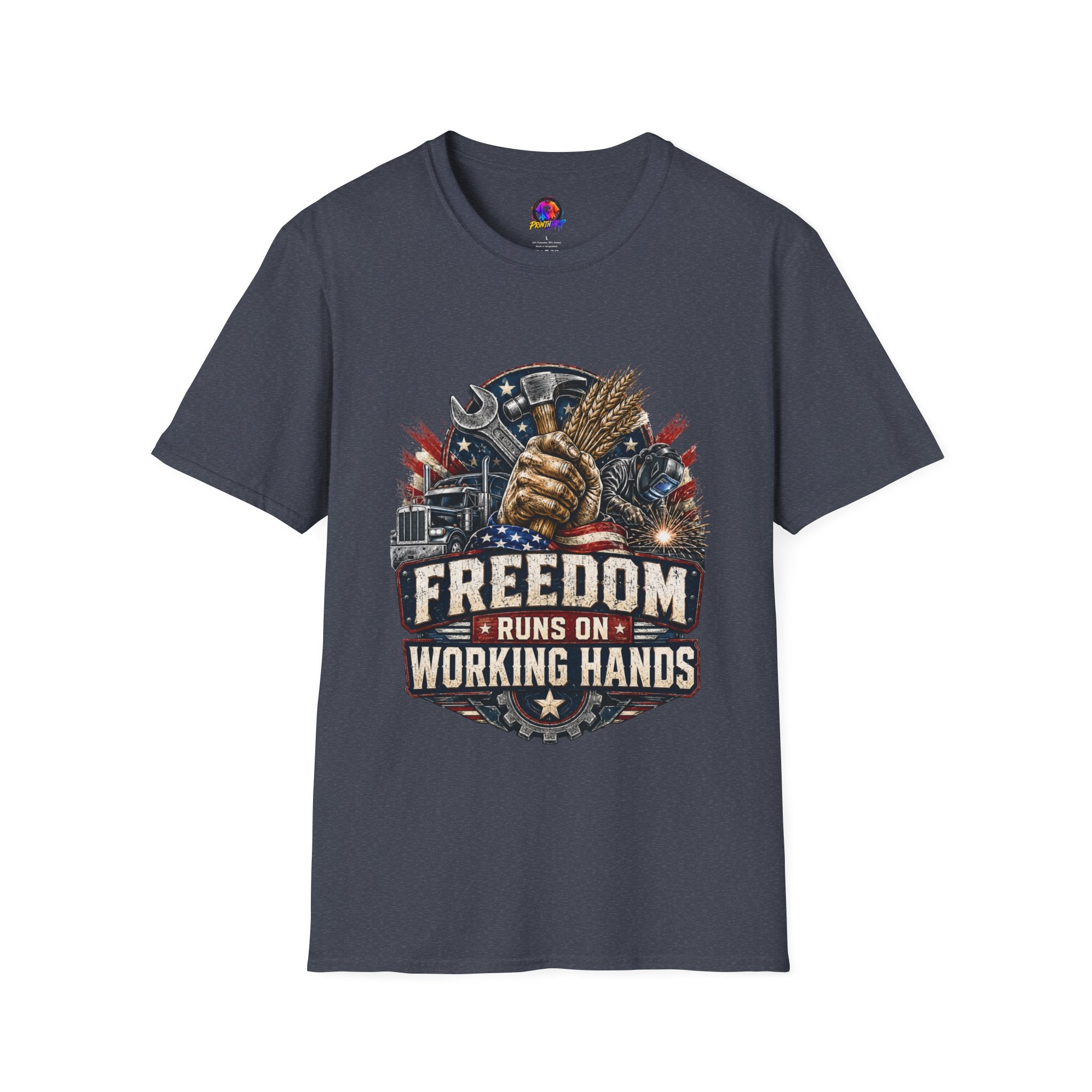 Freedom Runs on Working Hands T-Shirt — Patriotic Mechanic Tool & Wheat Design