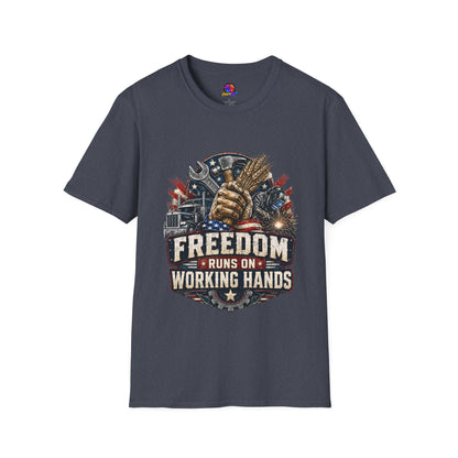 Freedom Runs on Working Hands T-Shirt — Patriotic Mechanic Tool & Wheat Design