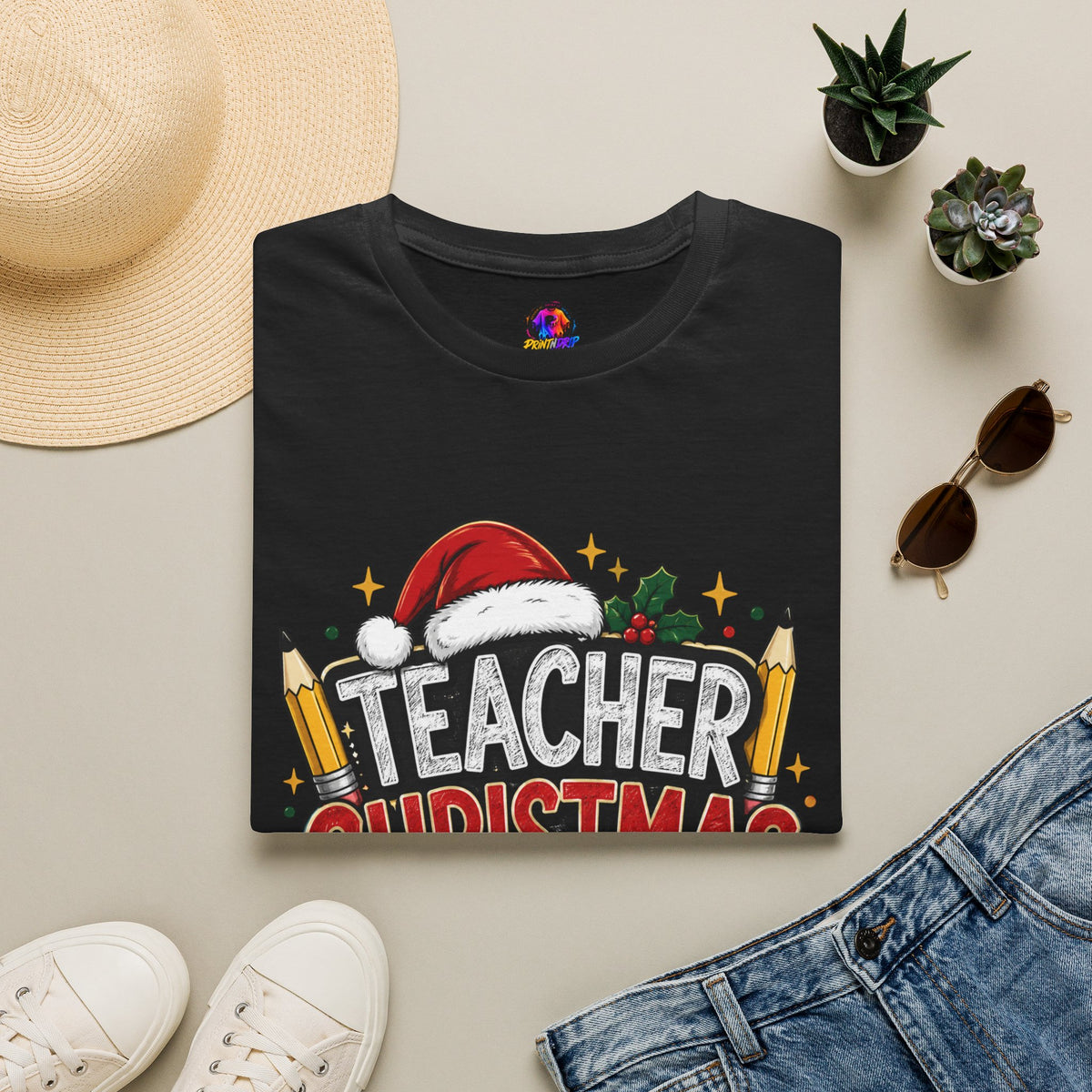 Teacher Christmas Crew T-Shirt — Holiday School Staff Tee with Santa Hat & Pencils