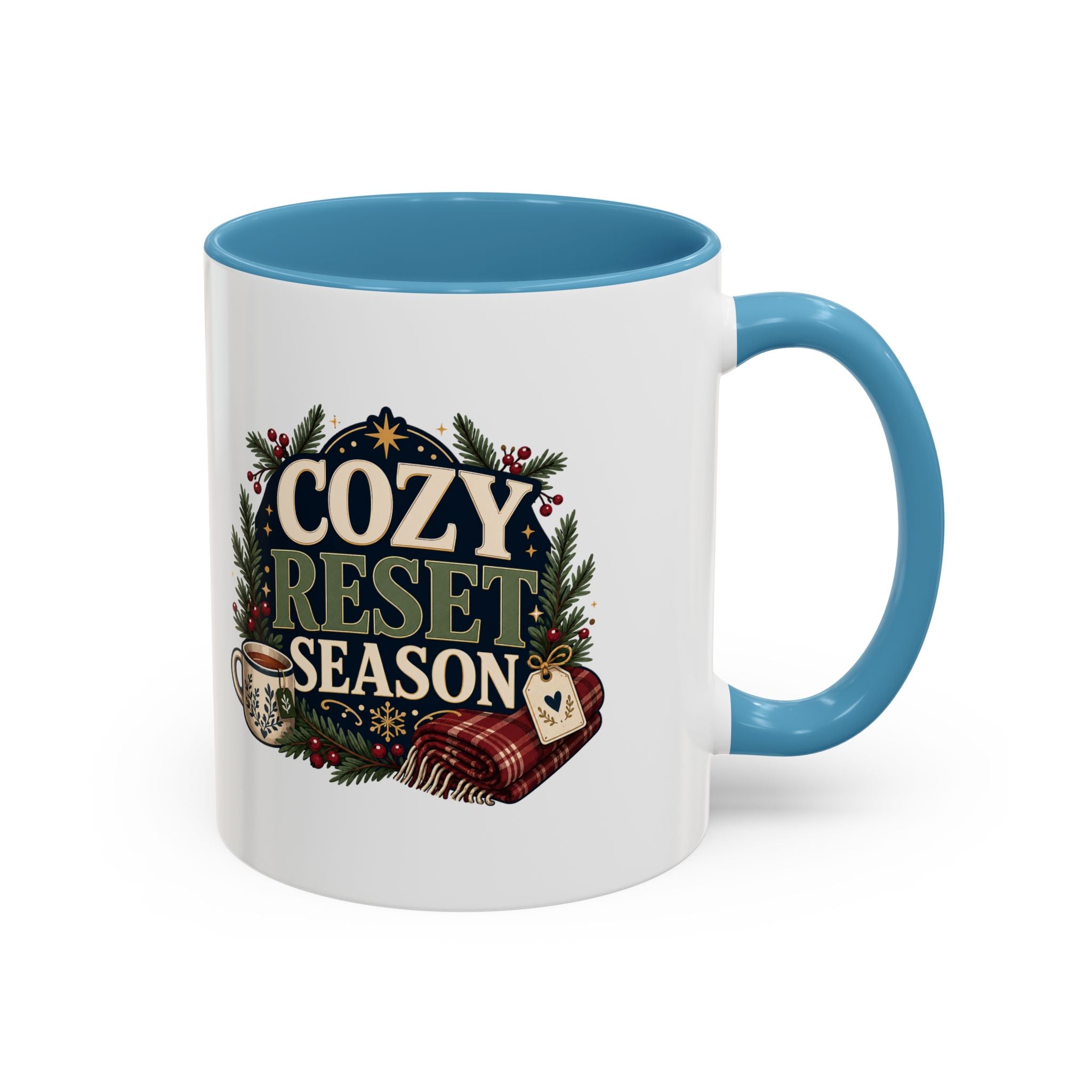 Modern Day Christmas Cozy Reset Season Mug — Holiday Coffee Cup with Blanket & Tea Tag Design