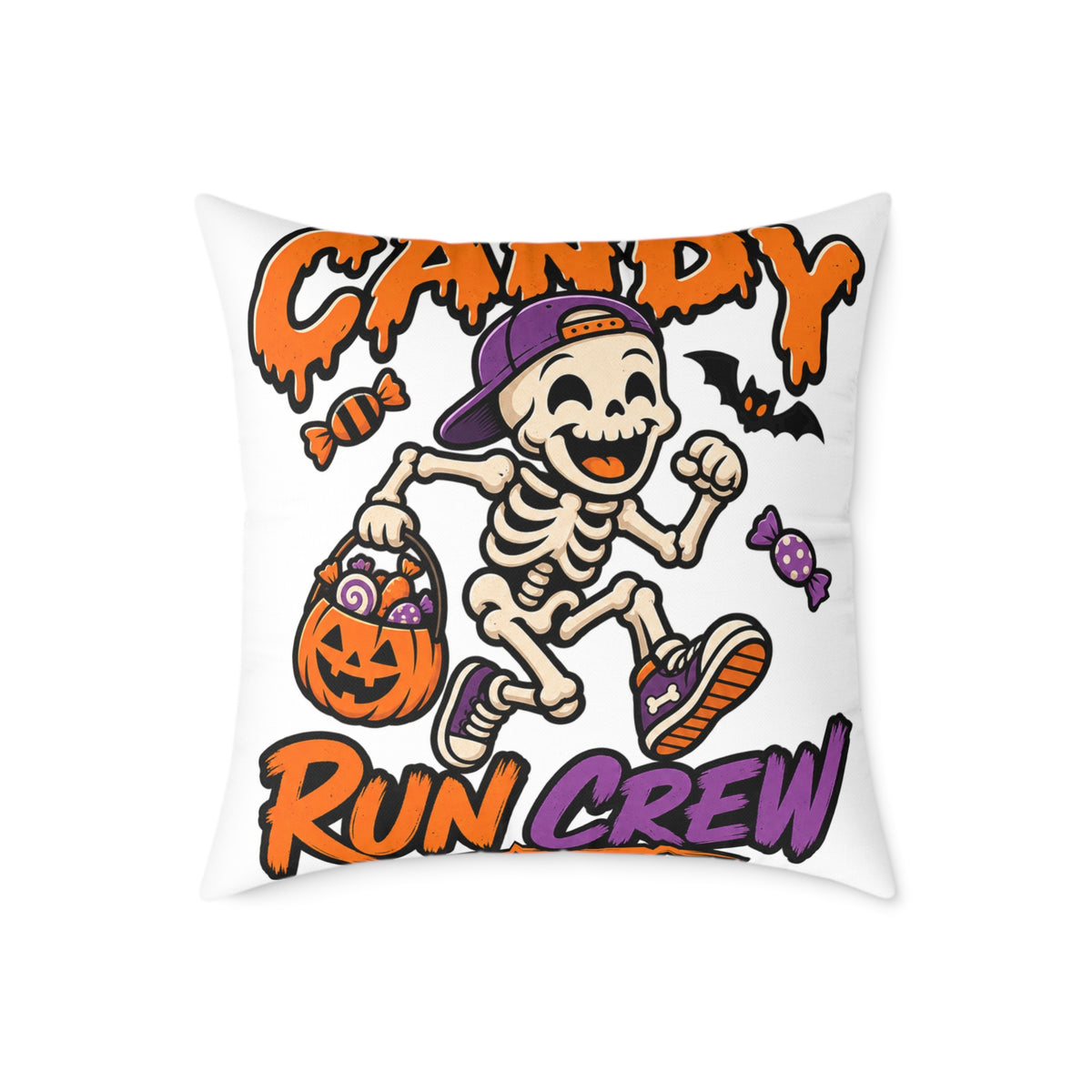 Candy Run Crew Halloween Pillow — Skeleton Trick-or-Treat Decorative Throw Pillow