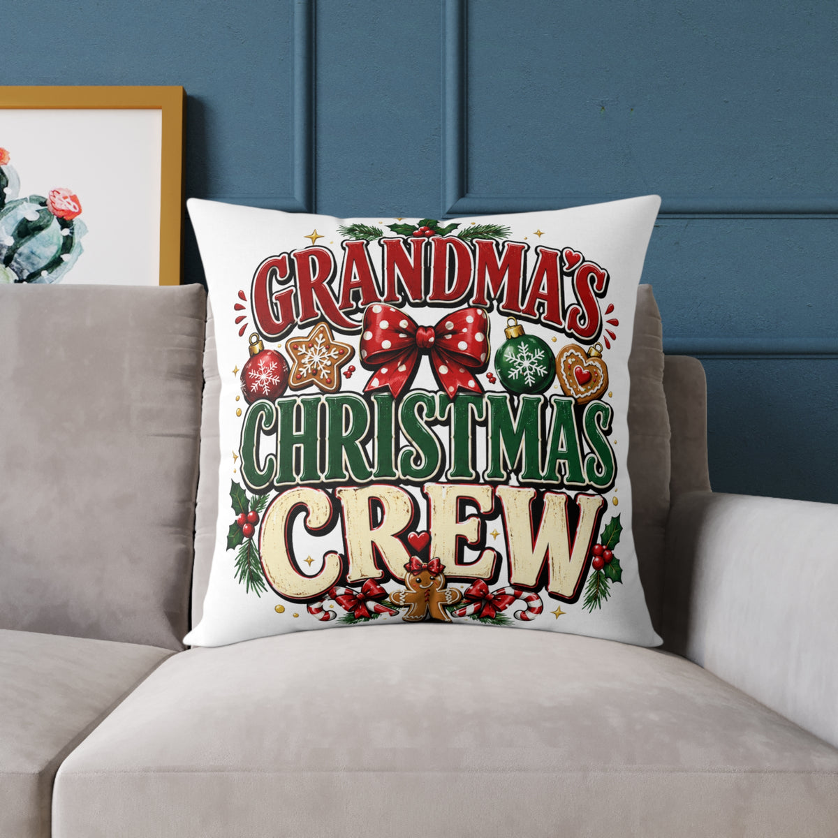 Grandma's Christmas Crew Square Pillow - Festive Holiday Throw Pillow