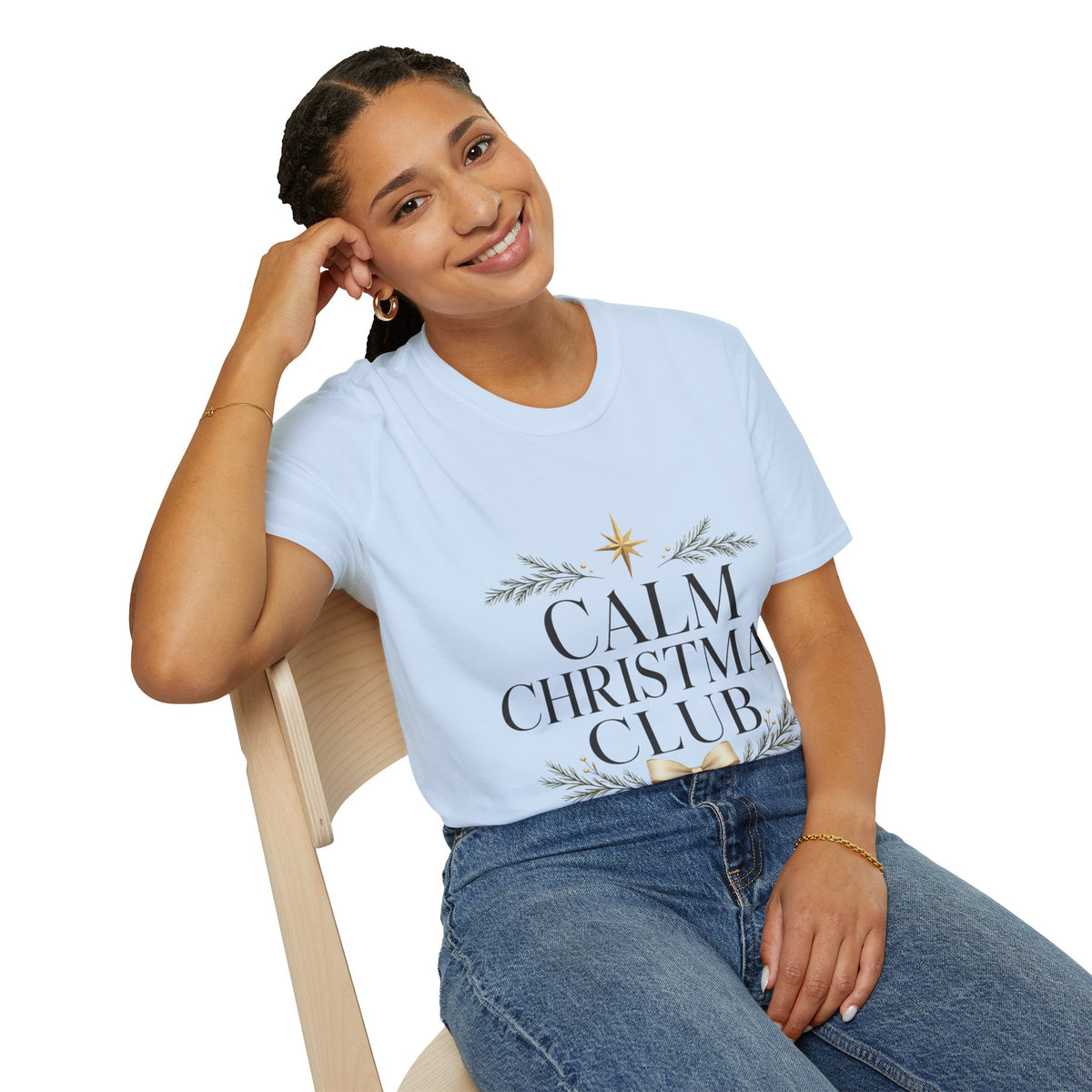 Calm Christmas Club T-Shirt — Holiday Relaxed Tee with Star & Pine Design