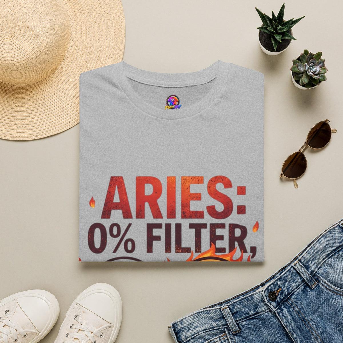 Aries T-Shirt — "Aries: 0% Filter, 100% Fire" Bold Zodiac Tee