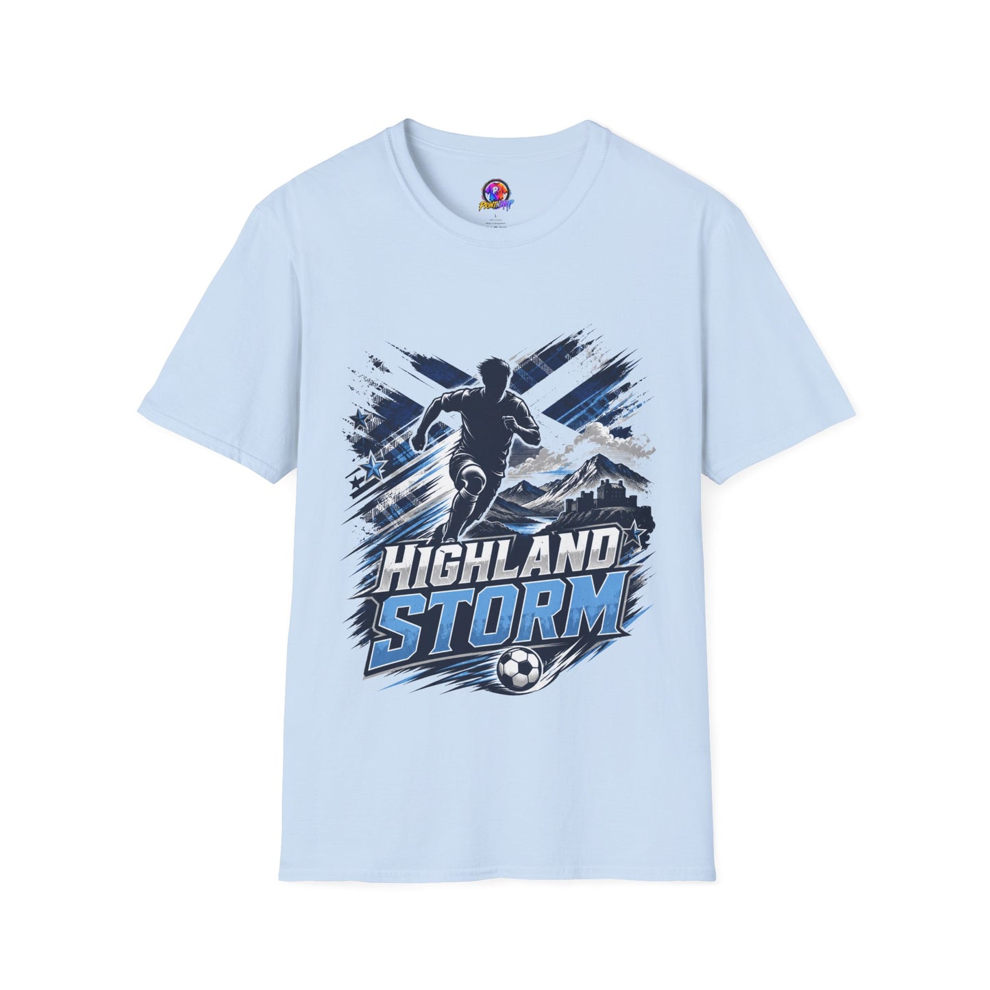 Scotland Highland Storm Soccer T-Shirt — Mountain Soccer Player Graphic Tee