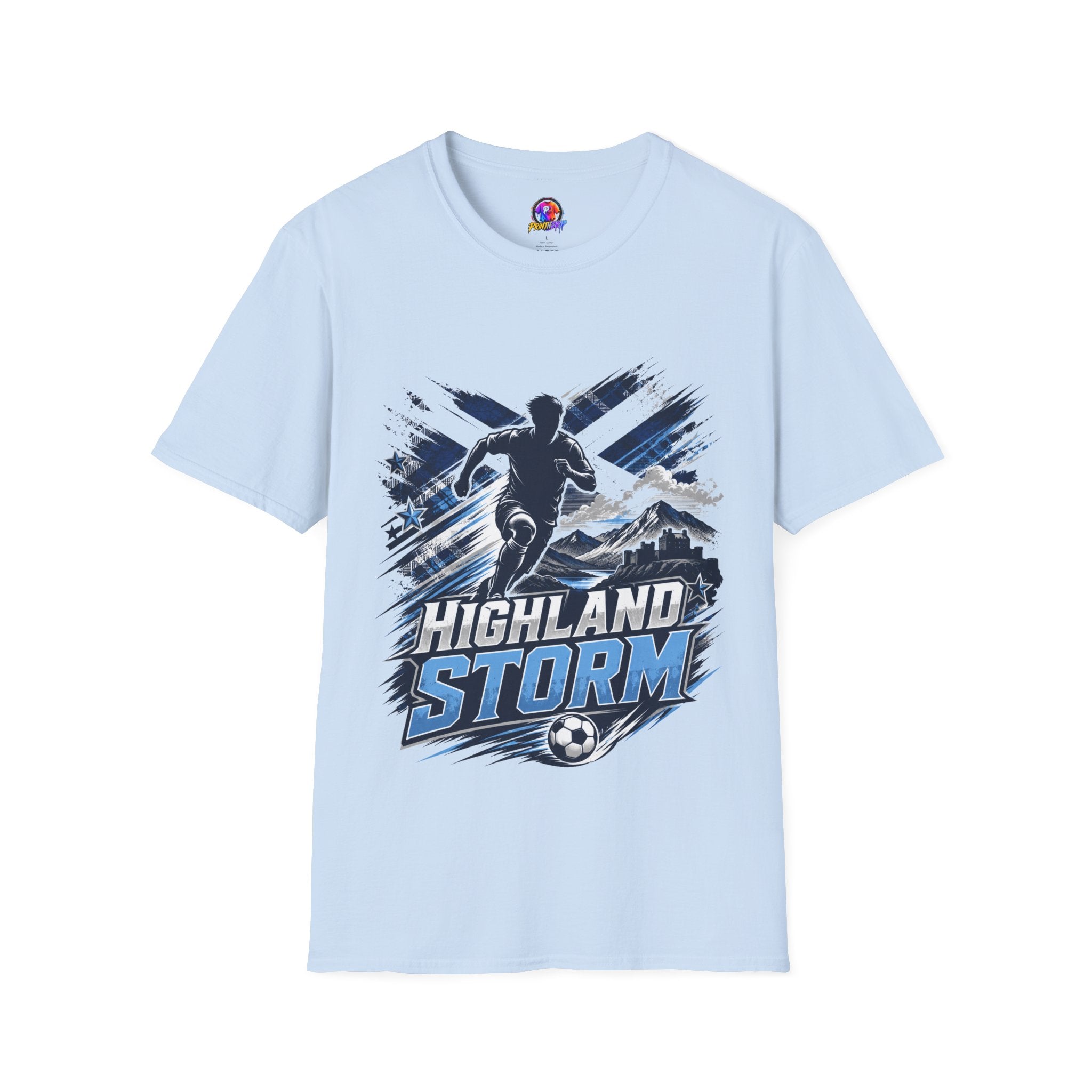 Scotland Highland Storm Soccer T-Shirt — Mountain Soccer Player Graphic Tee