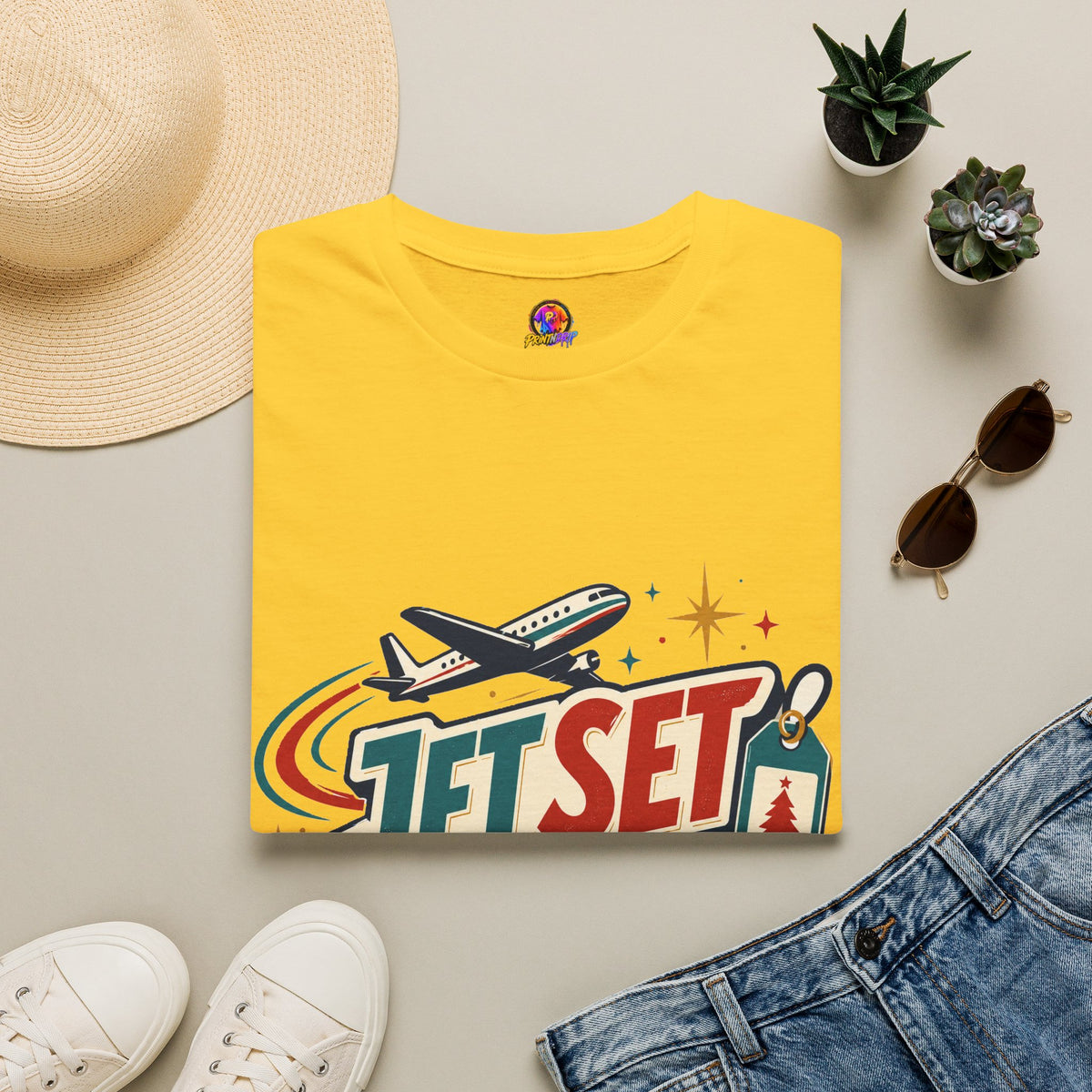 Jet Set Jingle Travel T-Shirt — Retro Airplane Vacation Graphic