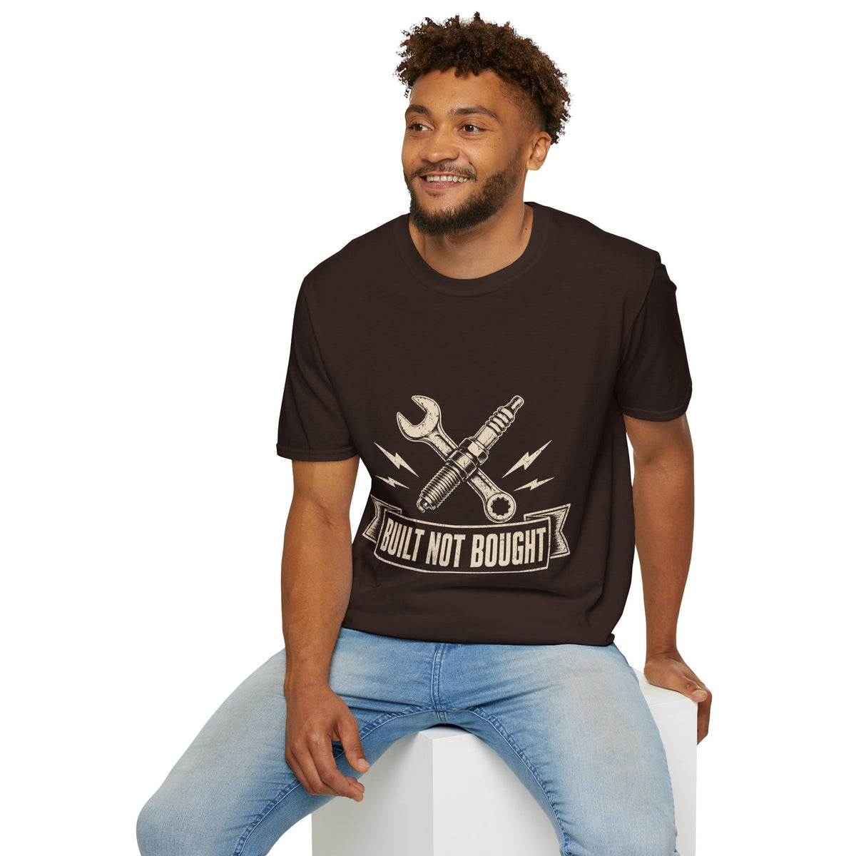 Built Not Bought T-Shirt — Vintage Mechanic Spark Plug & Wrench Tee for DIY Car Enthusiasts
