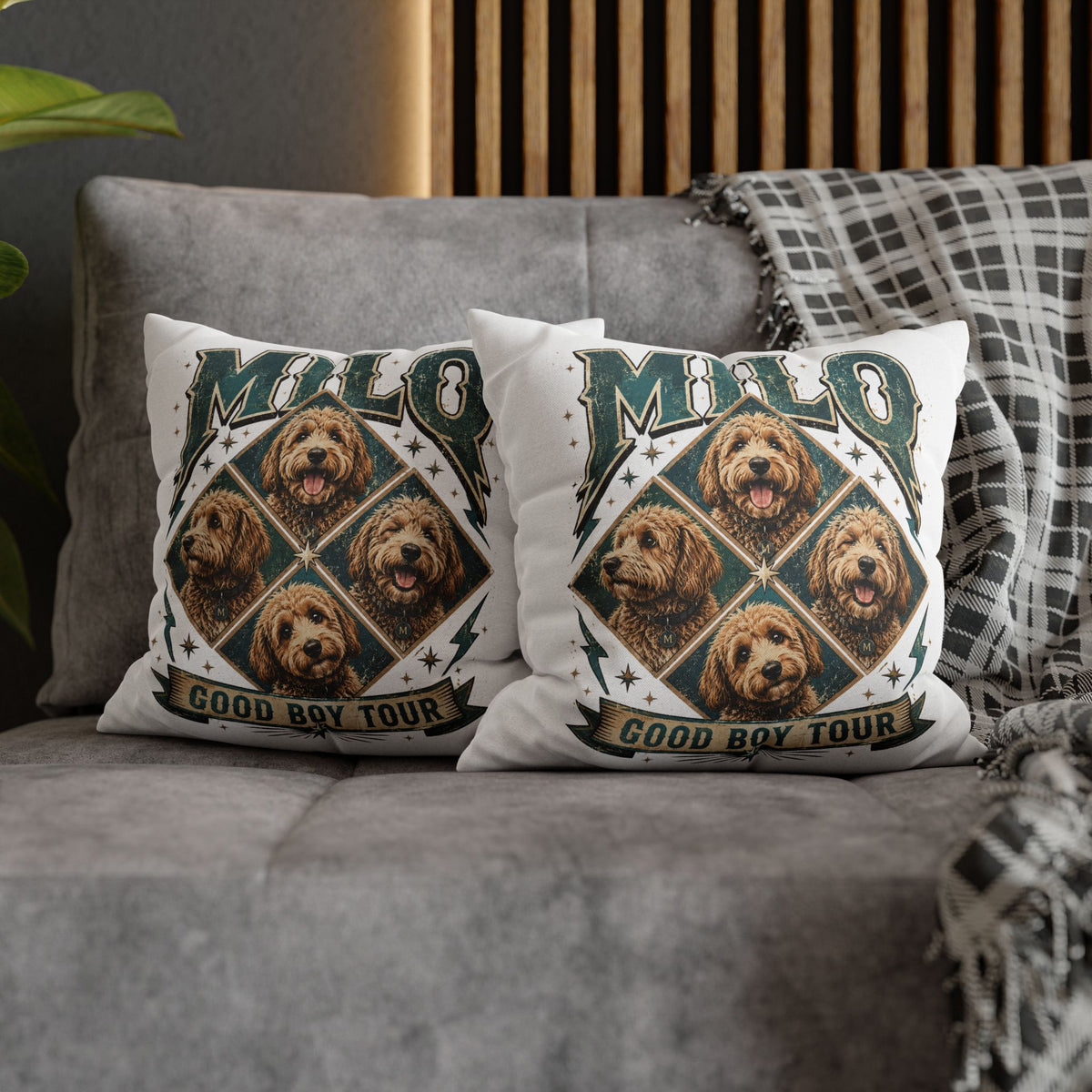 Milo “Good Boy Tour” Dog Photo Square Pillowcase Milo Bailey Dog Dad Mom