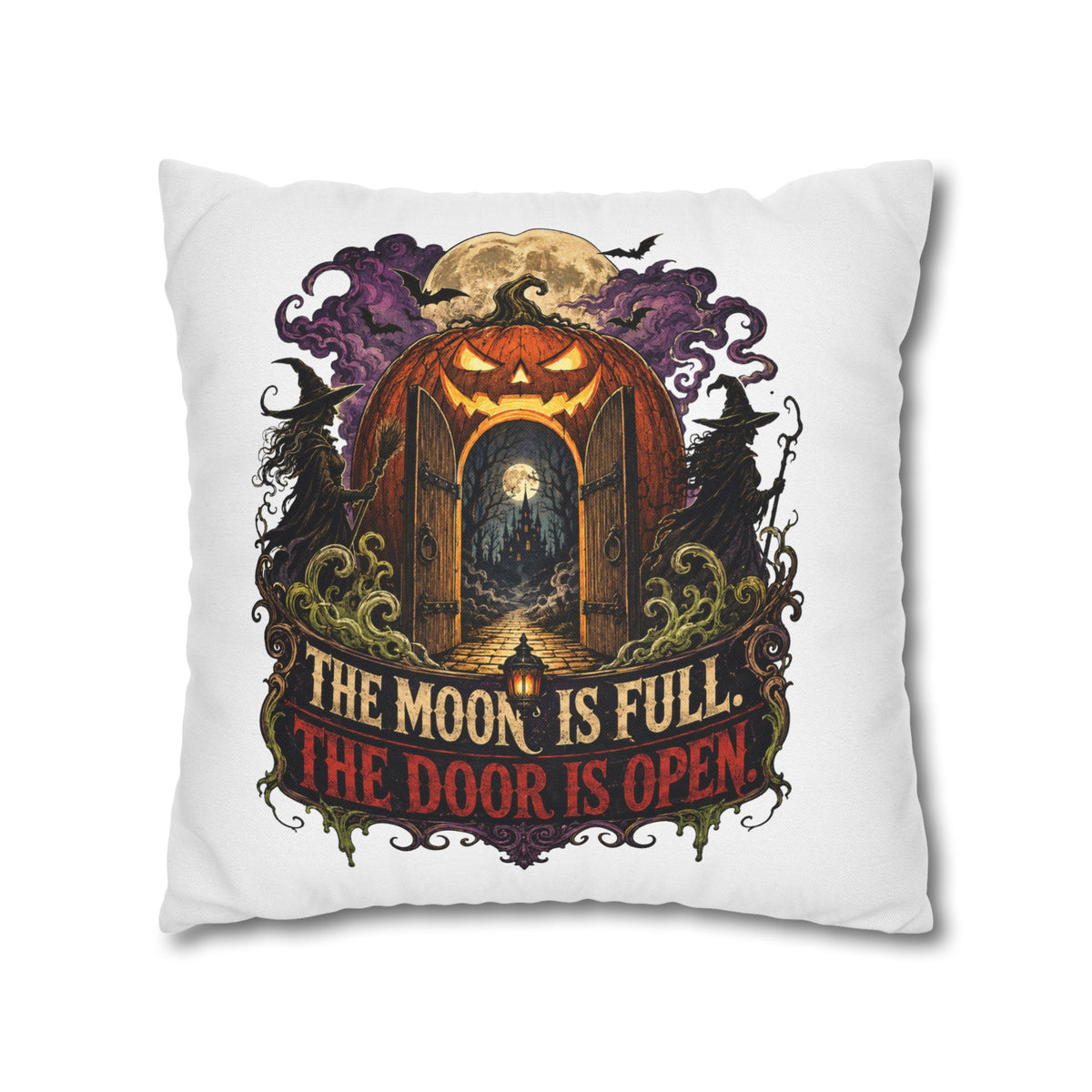 Halloween Pumpkin Door Pillowcase - "The Moon Is Full, The Door Is Open" Spun Polyester Throw Pillow