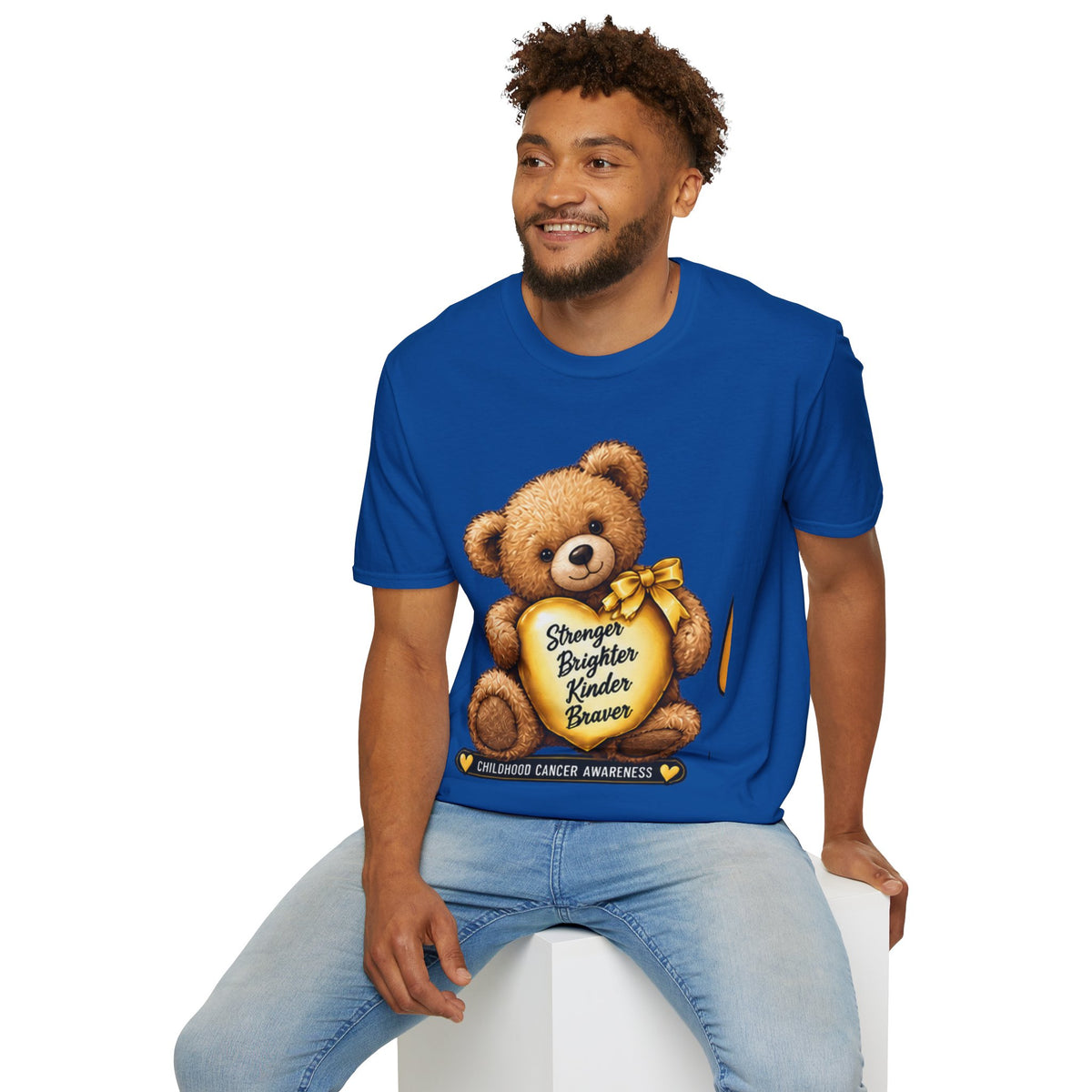 Childhood Cancer Awareness Teddy T-Shirt — "Stronger Brighter Kinder Braver"