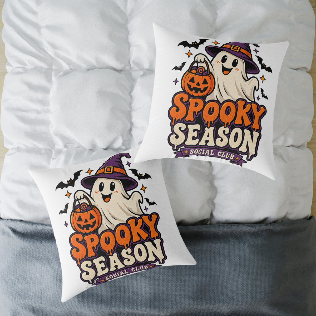 Spooky Season Halloween Pillow - Cute Ghost & Pumpkin Square Throw Pillow