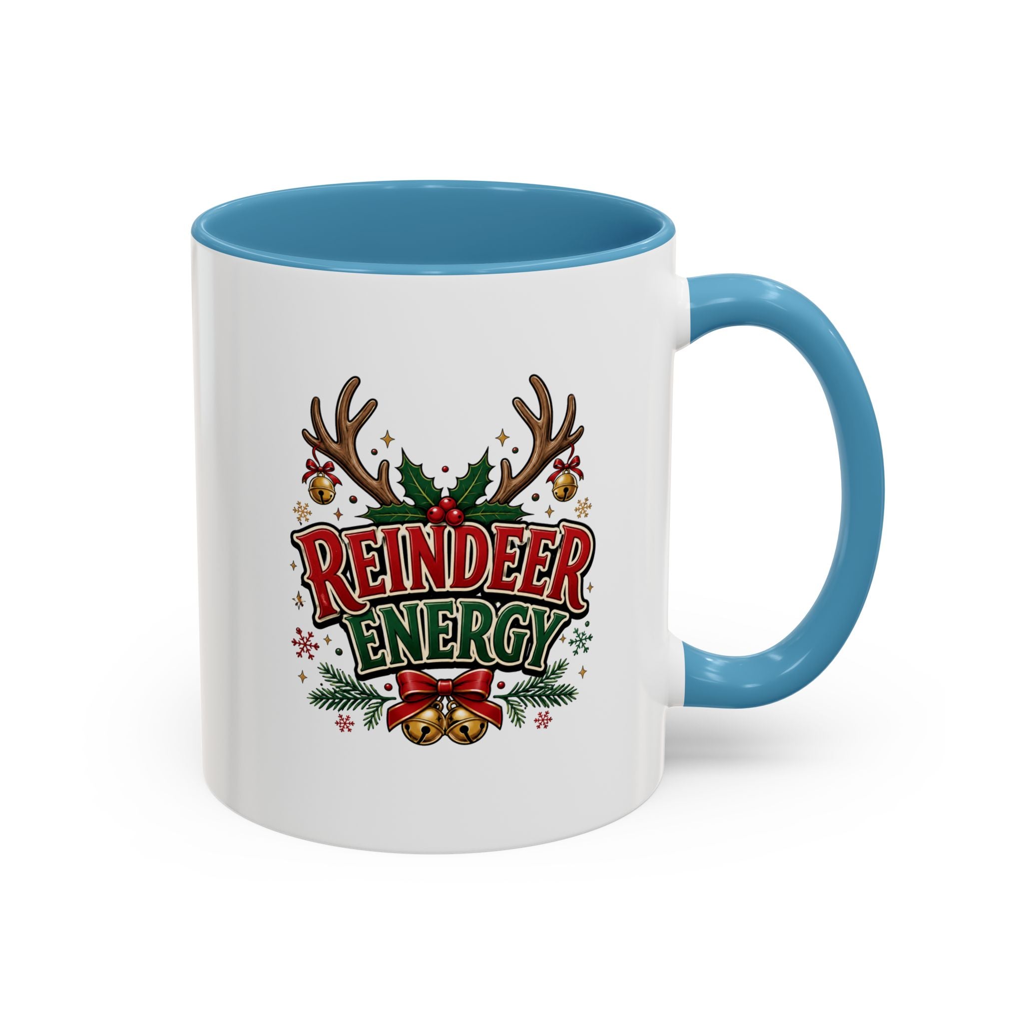Reindeer Energy Coffee Mug – Holiday Christmas Antlers & Bells Accent Mug