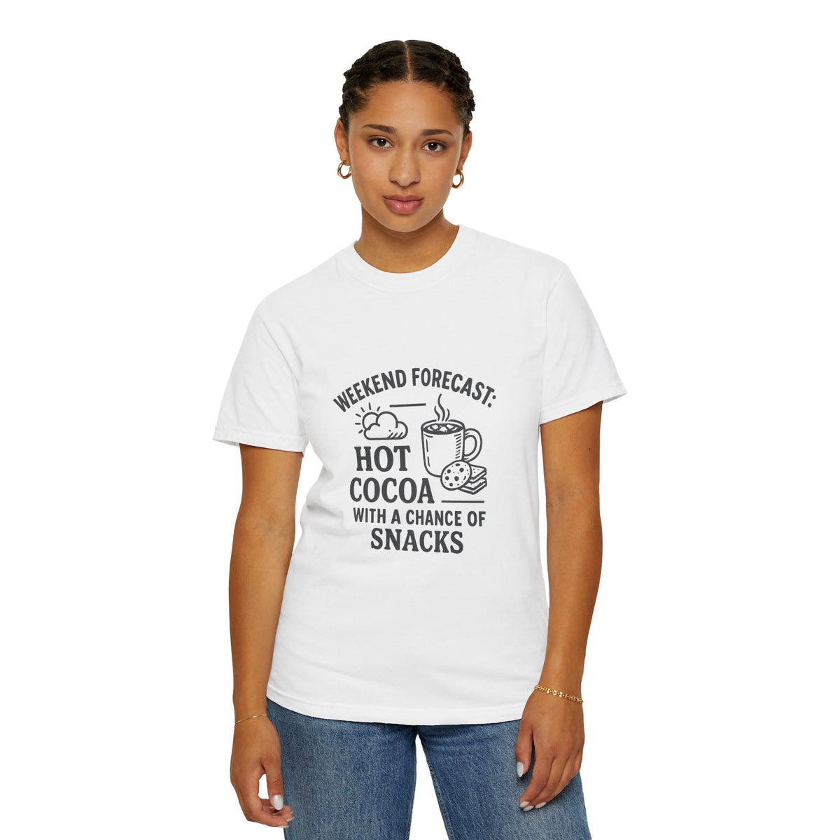 Hot Cocoa Weekend T-Shirt — “Weekend Forecast: Hot Cocoa with a Chance of Snacks” - Trending Now - October 2026