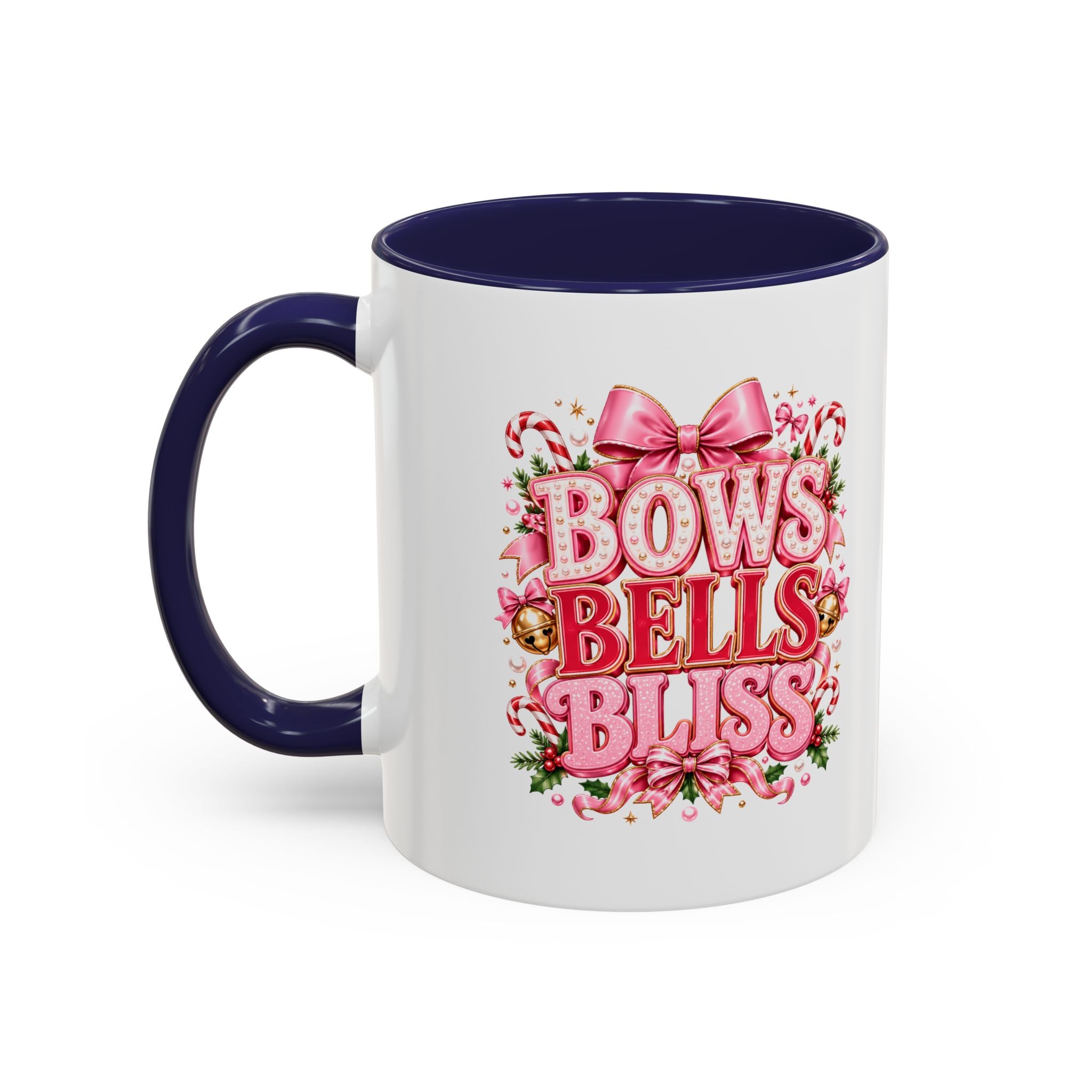 Modern Day Christmas Bows Bells Bliss Coffee Mug — Pink Holiday Accent Mug
