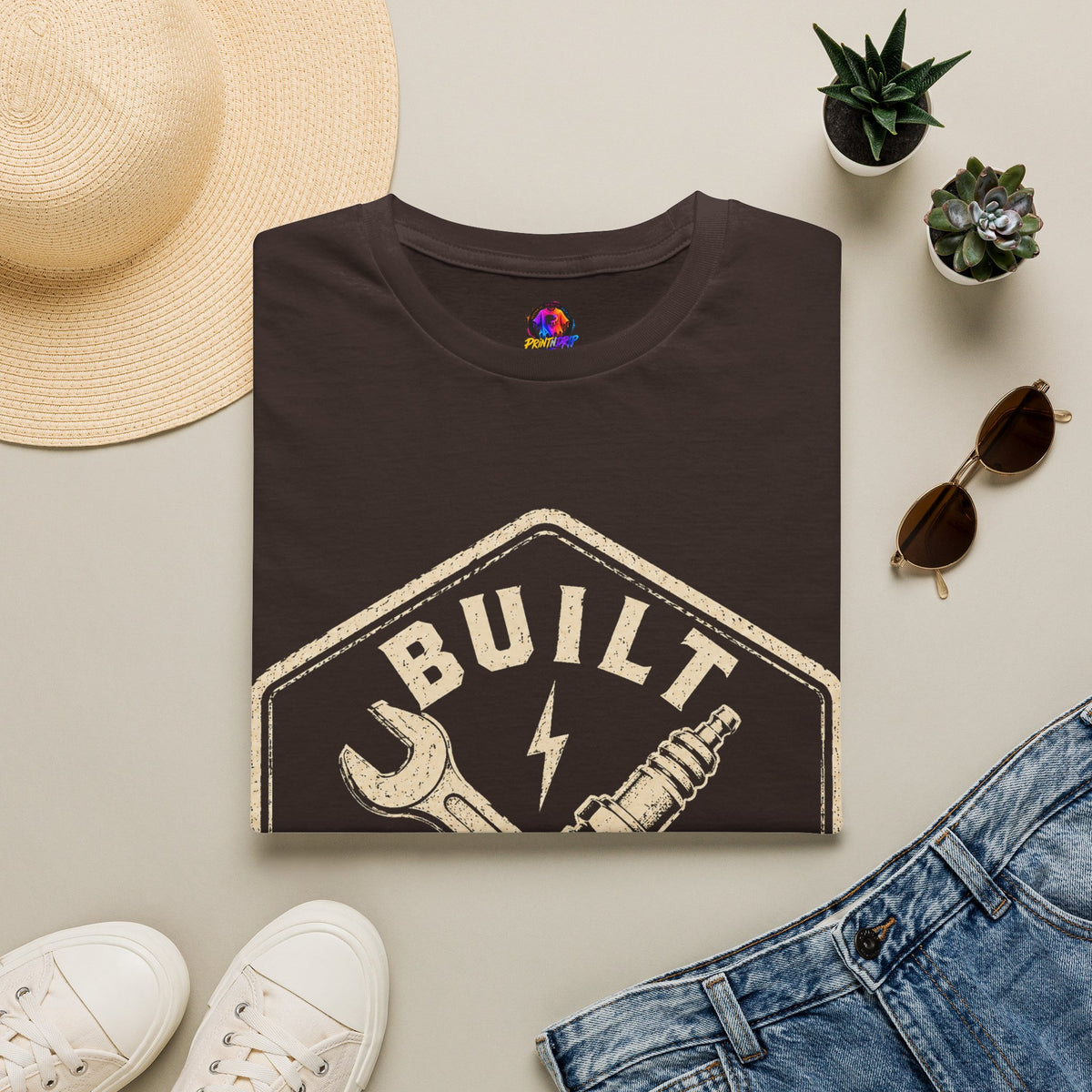 Built Not Bought T-Shirt — Vintage Mechanic Wrench & Spark Plug Tee