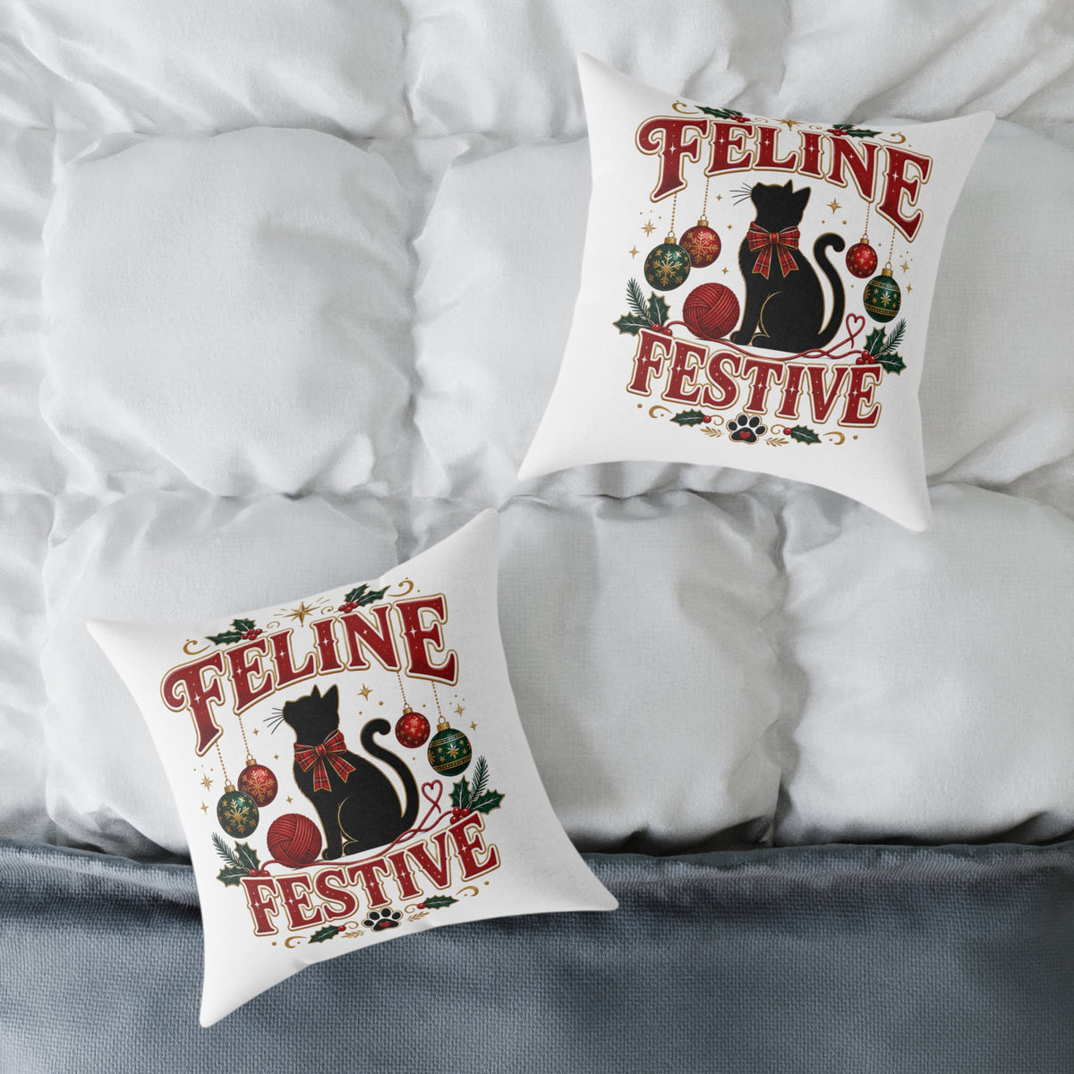 Christmas Feline Festive Square Pillow - Holiday Cat Decor