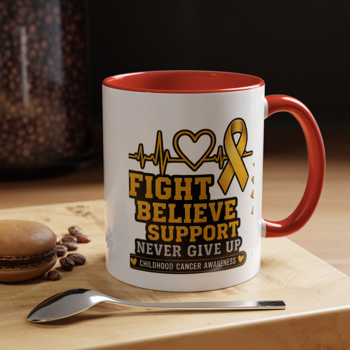 Childhood Cancer Awareness Accent Coffee Mug — "Fight Believe Support" 11/15oz