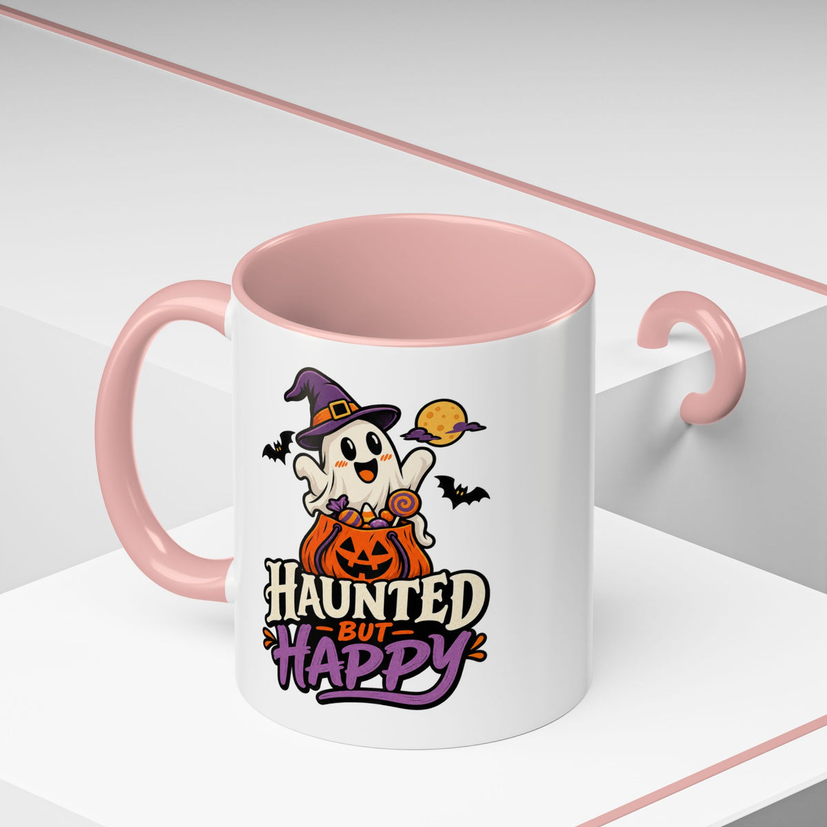 Haunted But Happy Coffee Mug — Halloween Ghost Pumpkin Accent Mug (11/15oz)