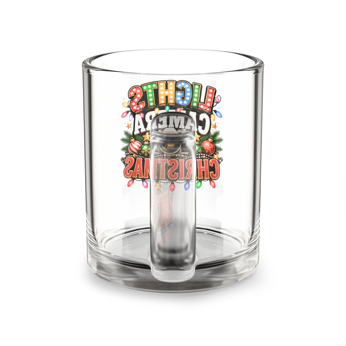 Christmas Glass Mug 10 ozGlass Mug — "Lights Camera Christmas" Holiday Film Lover Coffee Mug