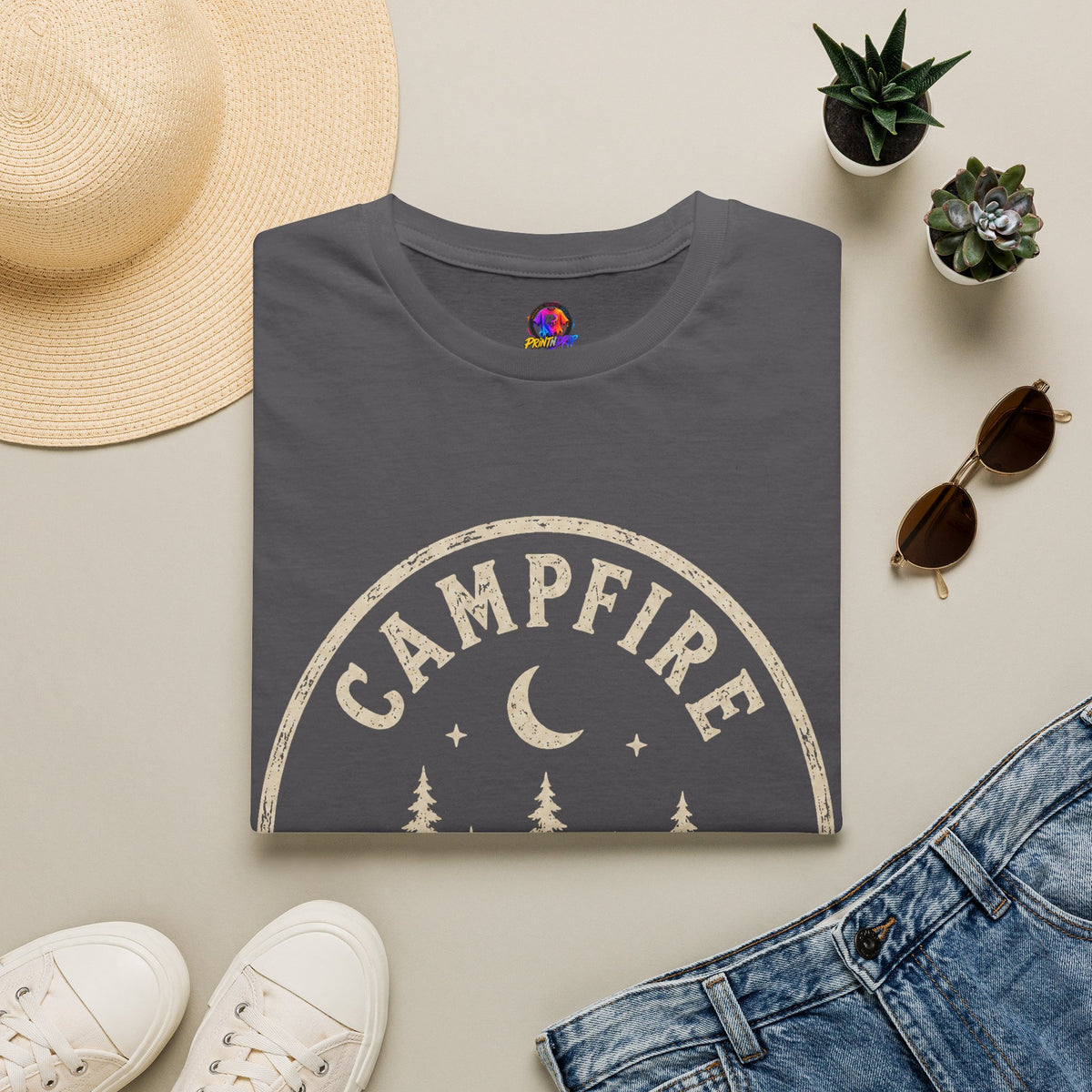 Campfire T-Shirt — 'Campfire After Dark' Vintage Moon & Trees Graphic