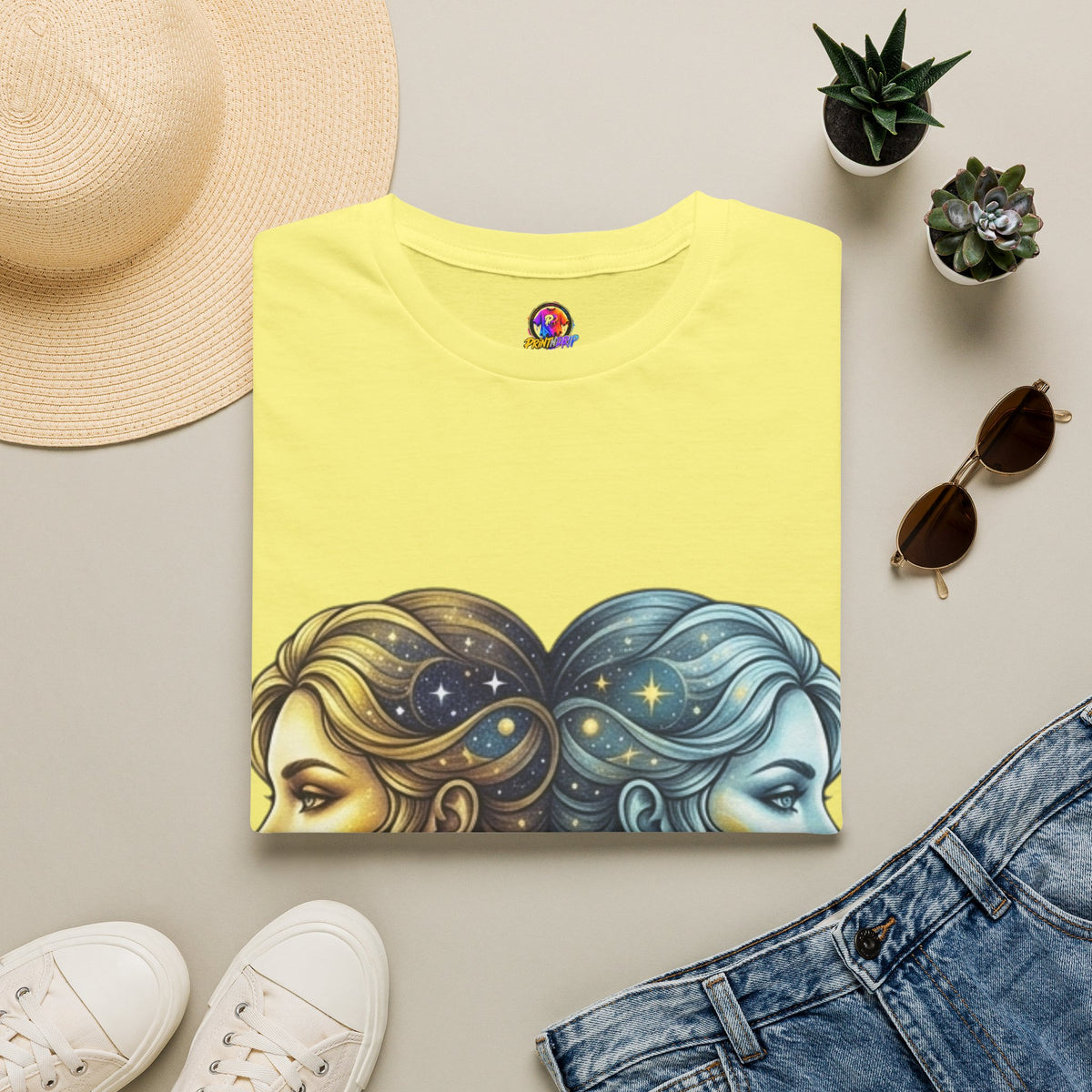 Zodiac Gemini Sun & Moon T-Shirt — Dual Faces Cosmic Design