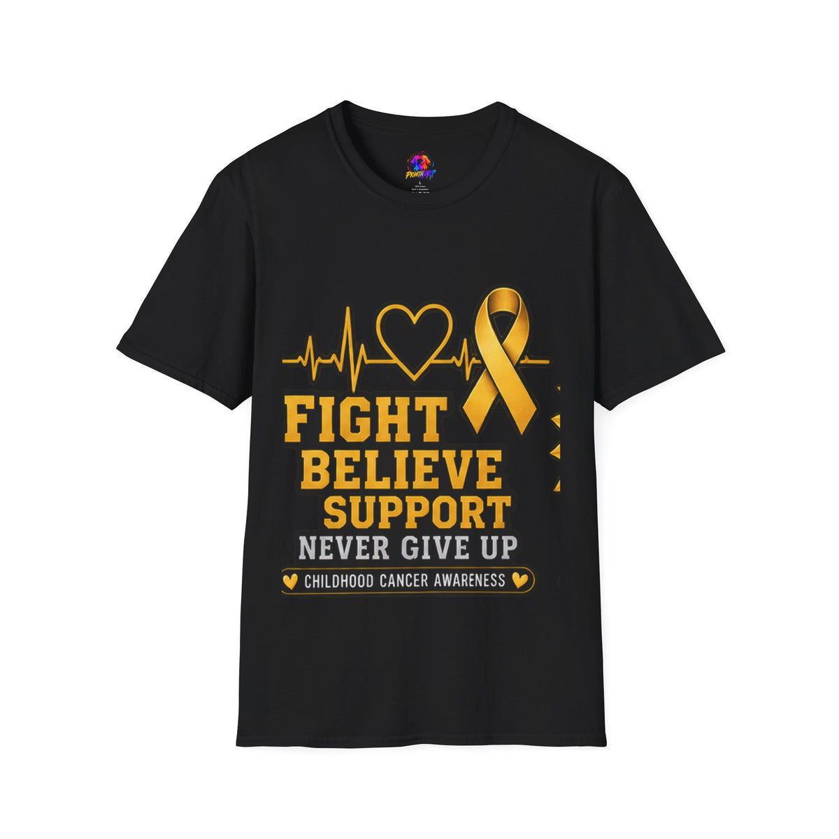 Childhood Cancer Awareness T-Shirt – "Fight Believe Support Never Give Up" Gold Ribbon Tee