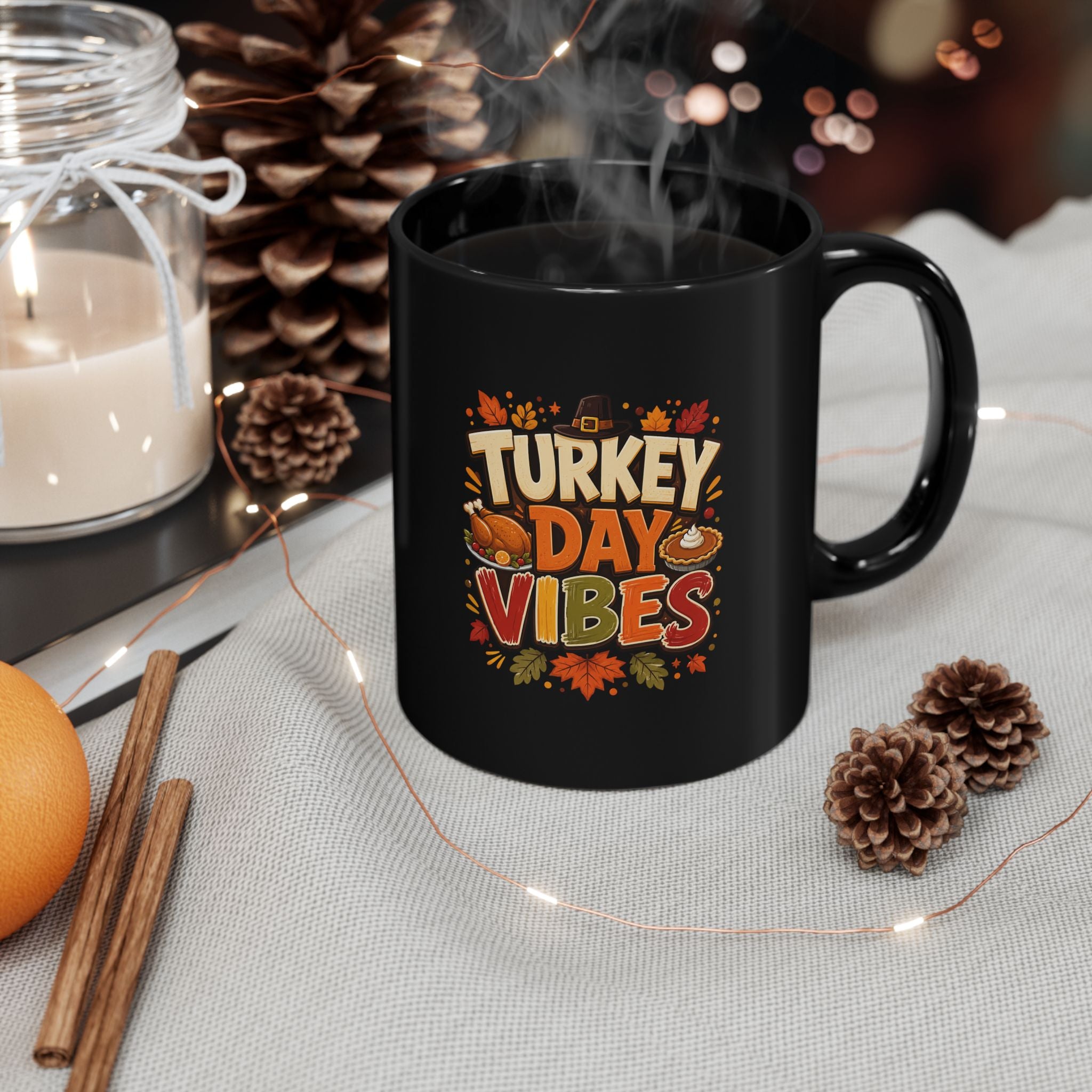 Thanksgiving Black Mug Turkey Day Vibes Mug — Thanksgiving Coffee Cup