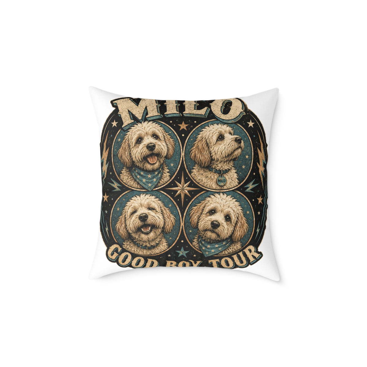 Personalized Dog Pillow  Milo Bailey Dog Dad Mom— 'Milo' Retro Pet Portrait Cushion (Good Boy Tour Design)