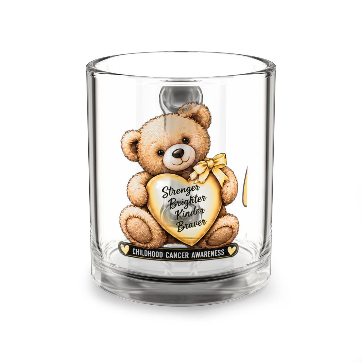 Glass Mug — Childhood Cancer Awareness Teddy Bear "Stronger Brighter Kinder Braver" 10oz