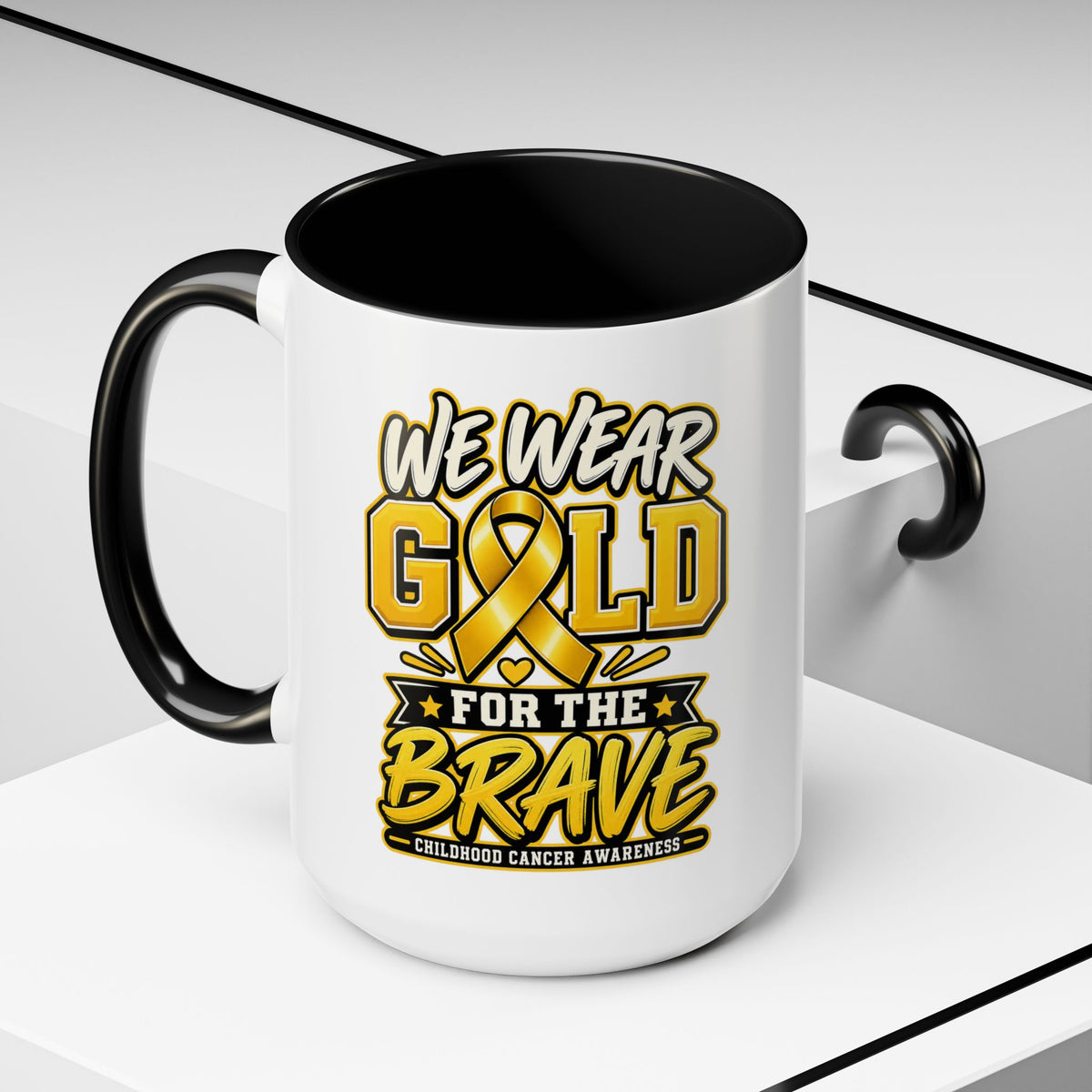 Childhood Cancer Awareness Accent Coffee Mug – "We Wear Gold for the Brave" (11/15 oz)