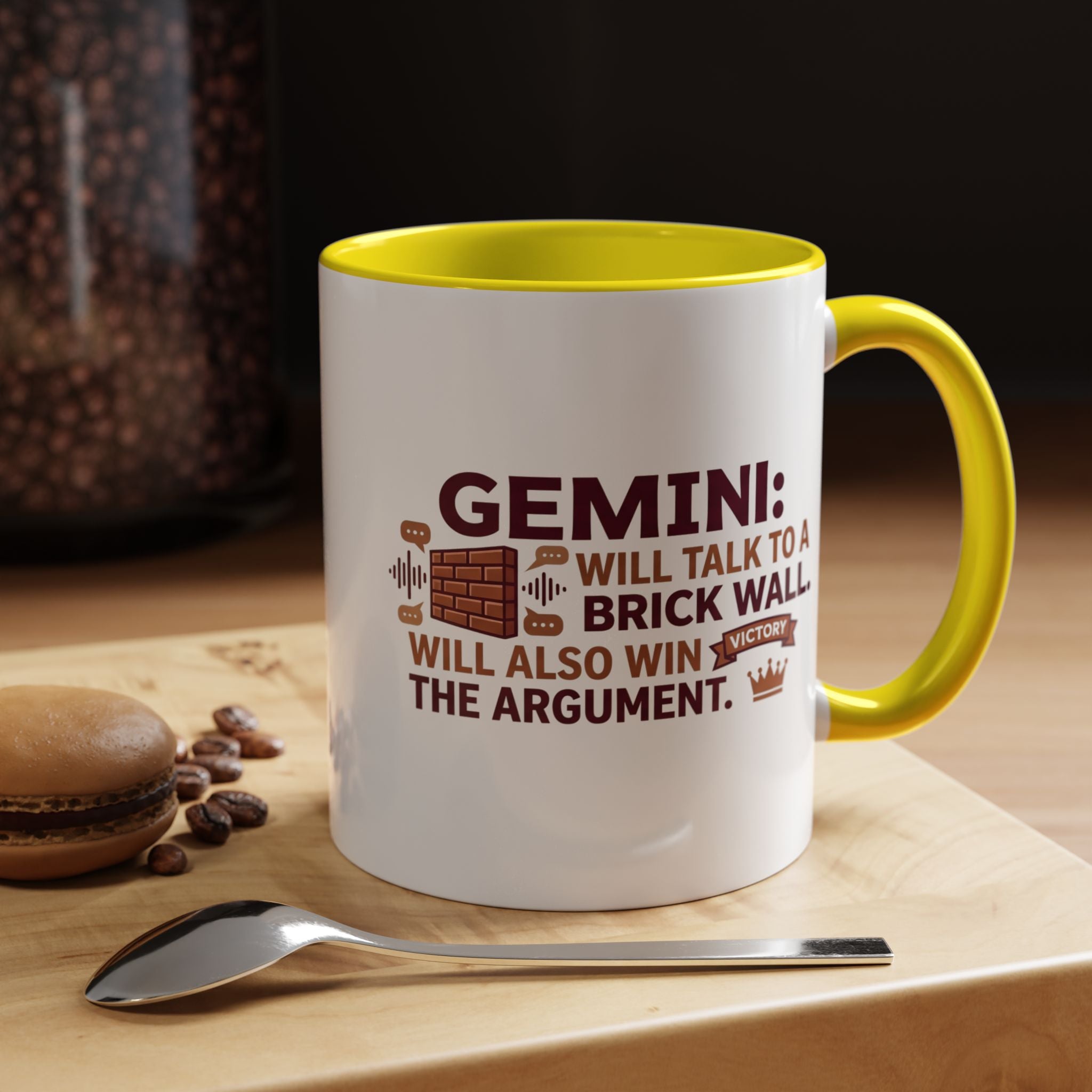 Gemini Coffee Mug — “Gemini: Will Talk to a Brick Wall, Will Also Win the Argument” Accent Mug