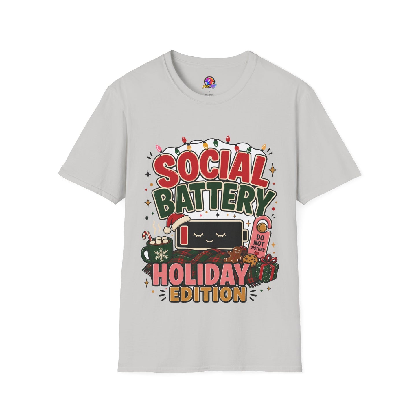 Social Battery Holiday T‑Shirt — Funny Christmas Recharge Graphic Tee